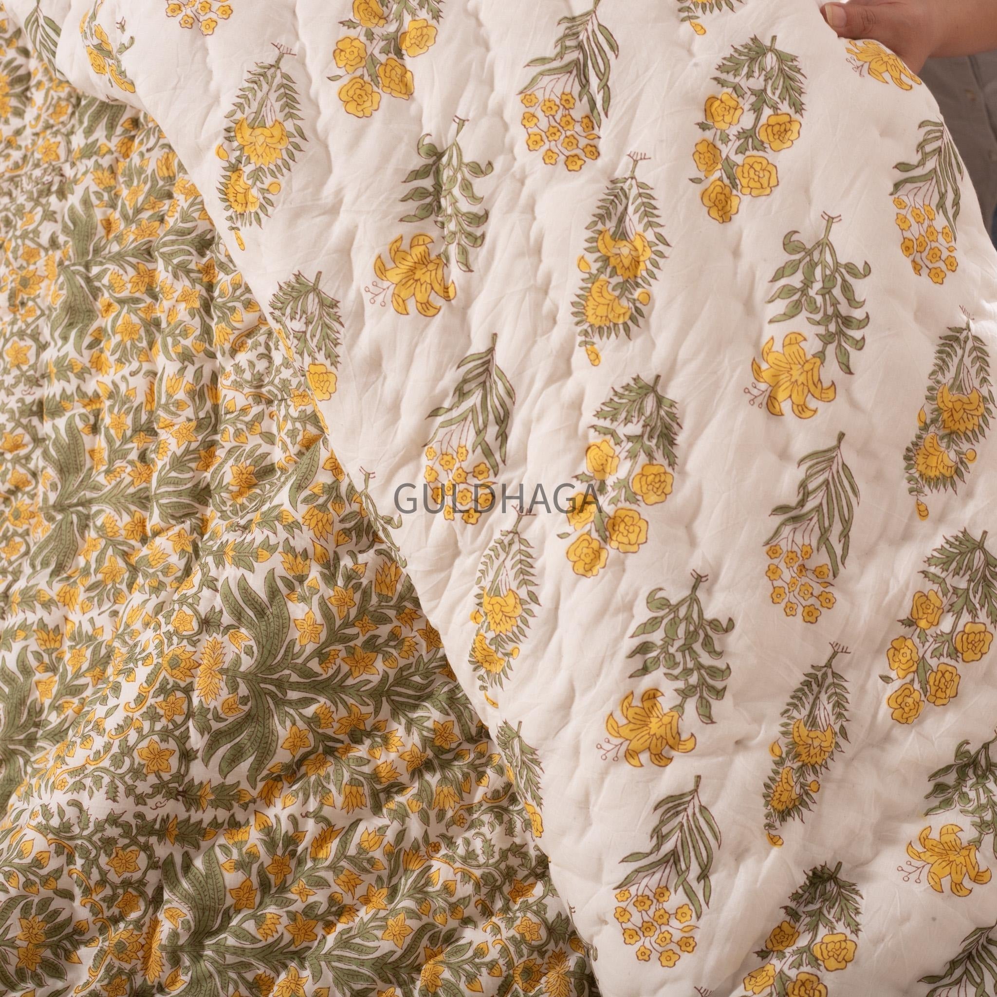 Ivory with mustard yellow olive green floral block printed quilt, cotton comforter for sale, queen size reversible bedspread, twin bedding