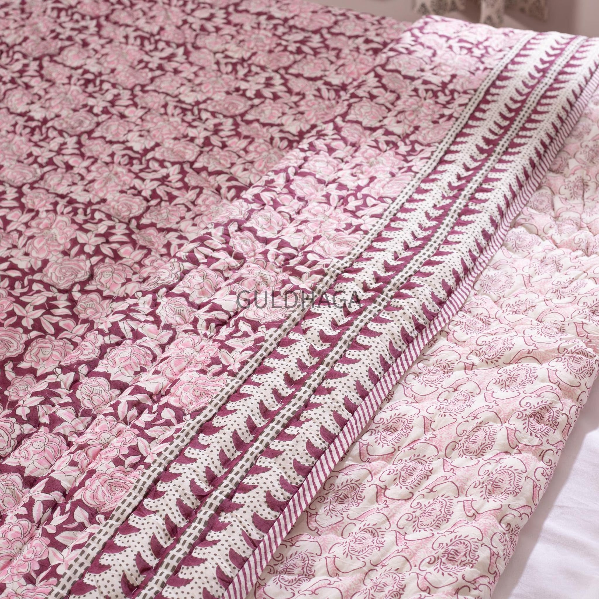 Deep berry wine Block Print Cotton Quilt, Cotton Bedding, Handmade Indian Boho Quilt, Reversible Bedspread for Twin Queen King Bed