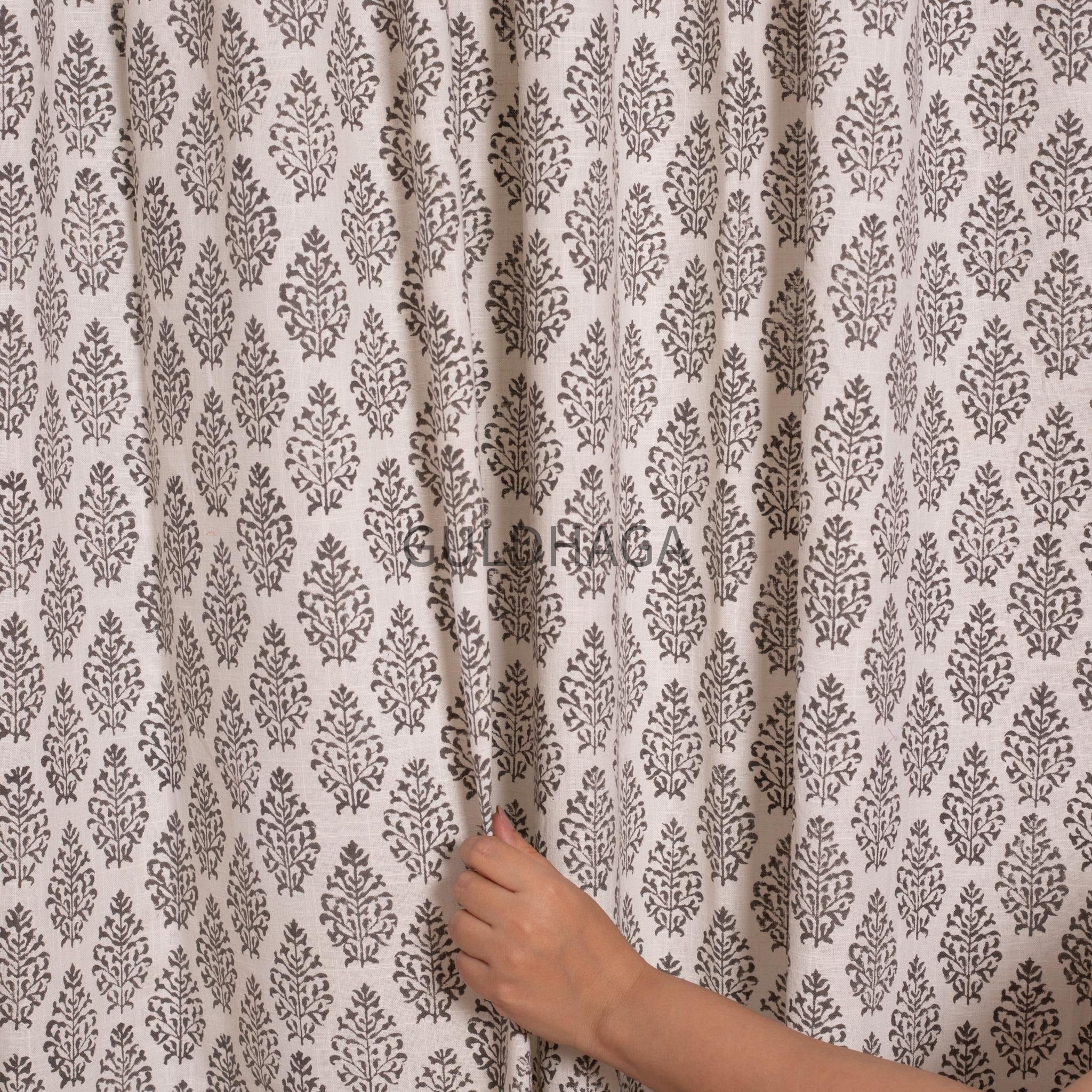 Gray Hand Block Print Cotton chambray Curtains, Floral Drapes for bedroom and living room, farmhouse curtains, semi sheer drapes