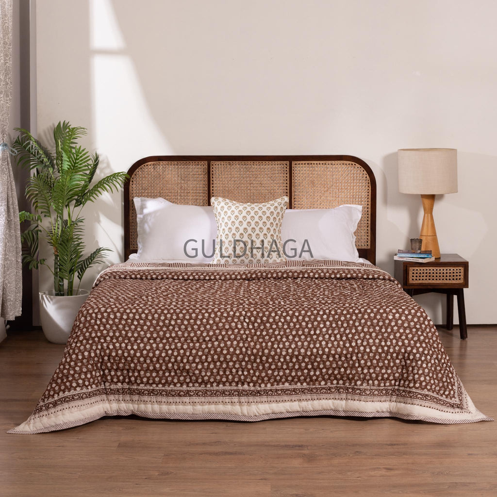 Brown Summer Block Print Cotton Quilt, Boho Cotton Bedding, Handmade Indian bedspread, Reversible throw for Twin bedroom, All season quilt