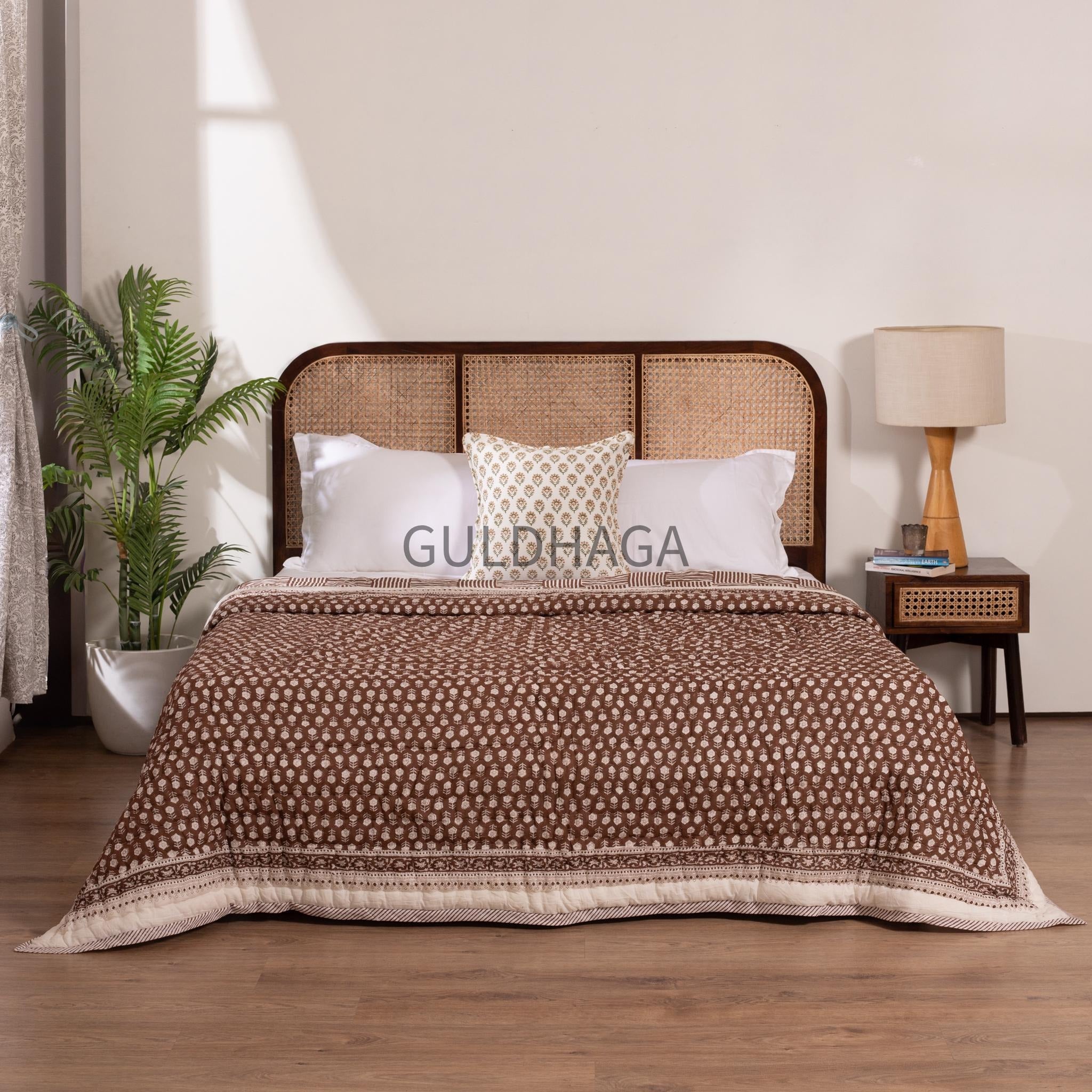 Brown Summer Block Print Cotton Quilt, Boho Cotton Bedding, Handmade Indian bedspread, Reversible throw for Twin bedroom, All season quilt