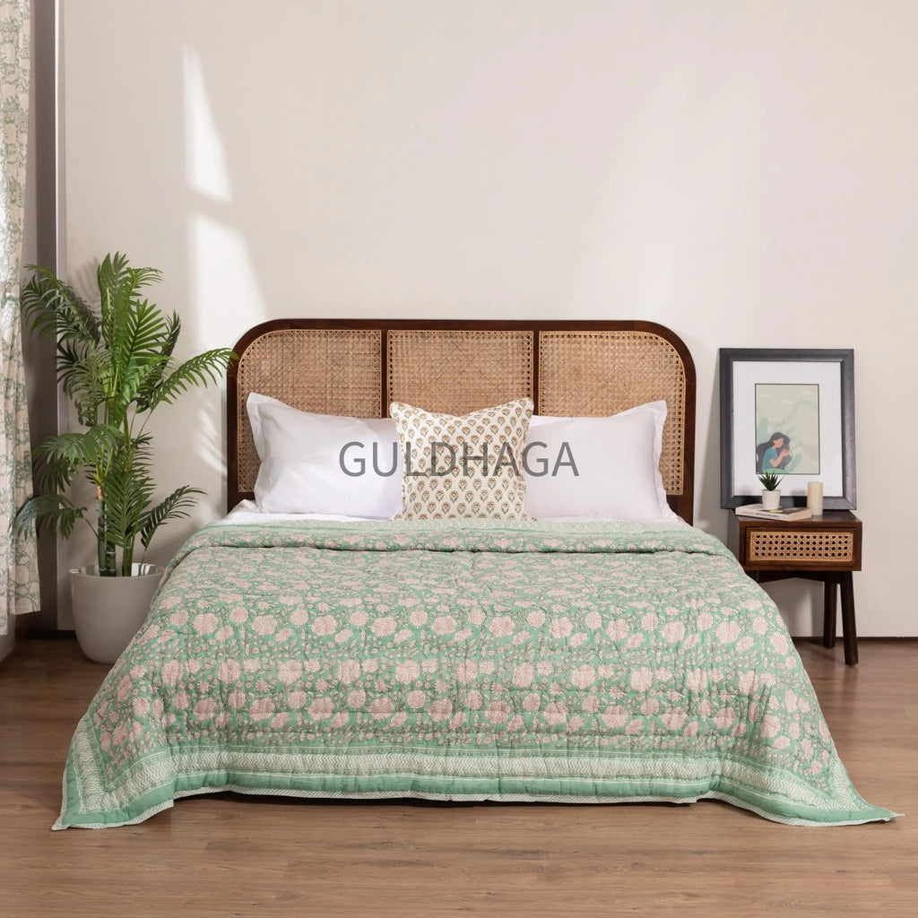 Green Summer Block Print Cotton Quilt, Boho Cotton Bedding, Handmade Indian bedspread, Reversible throw for Twin bedroom, All season quilt