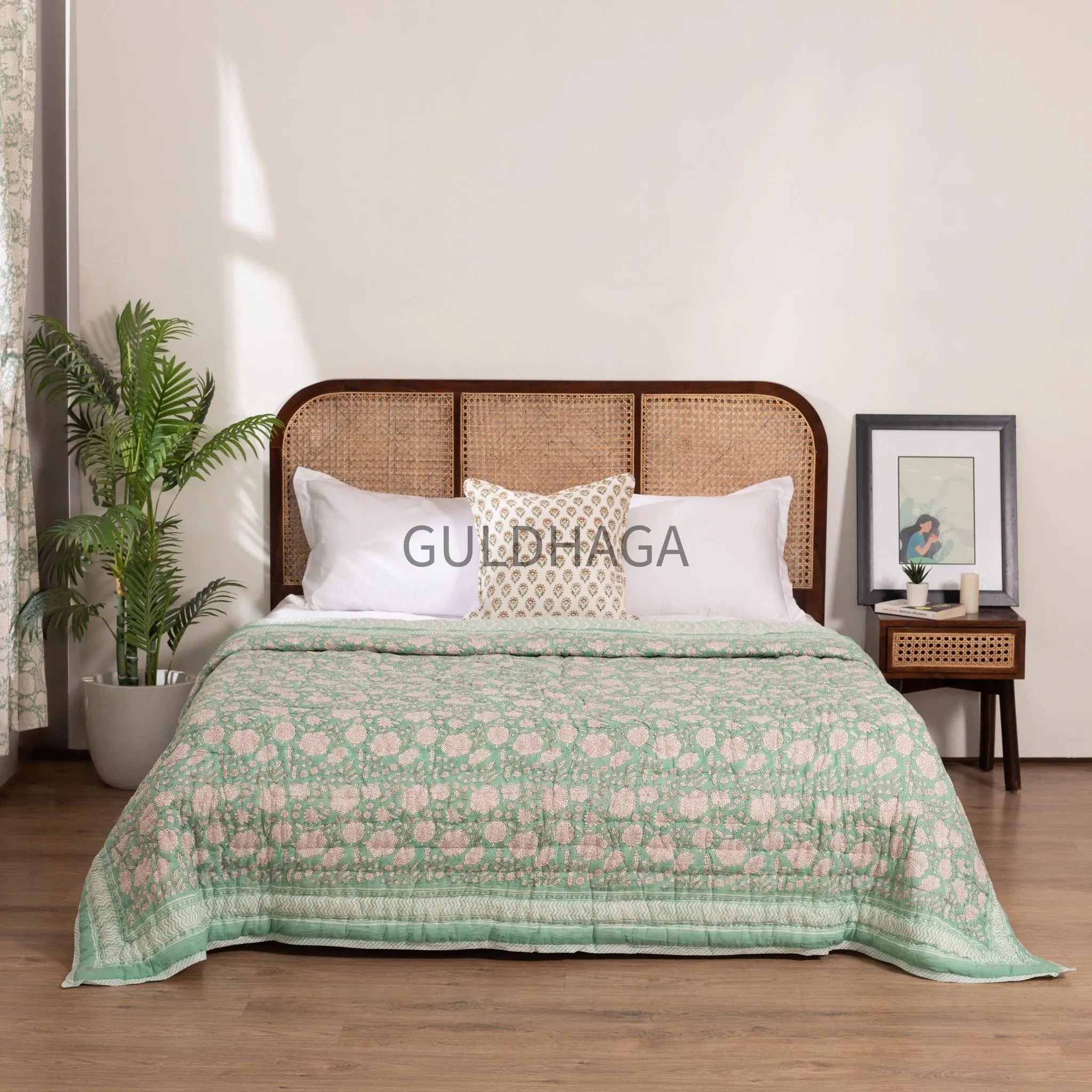 Green Summer Block Print Cotton Quilt, Boho Cotton Bedding, Handmade Indian bedspread, Reversible throw for Twin bedroom, All season quilt