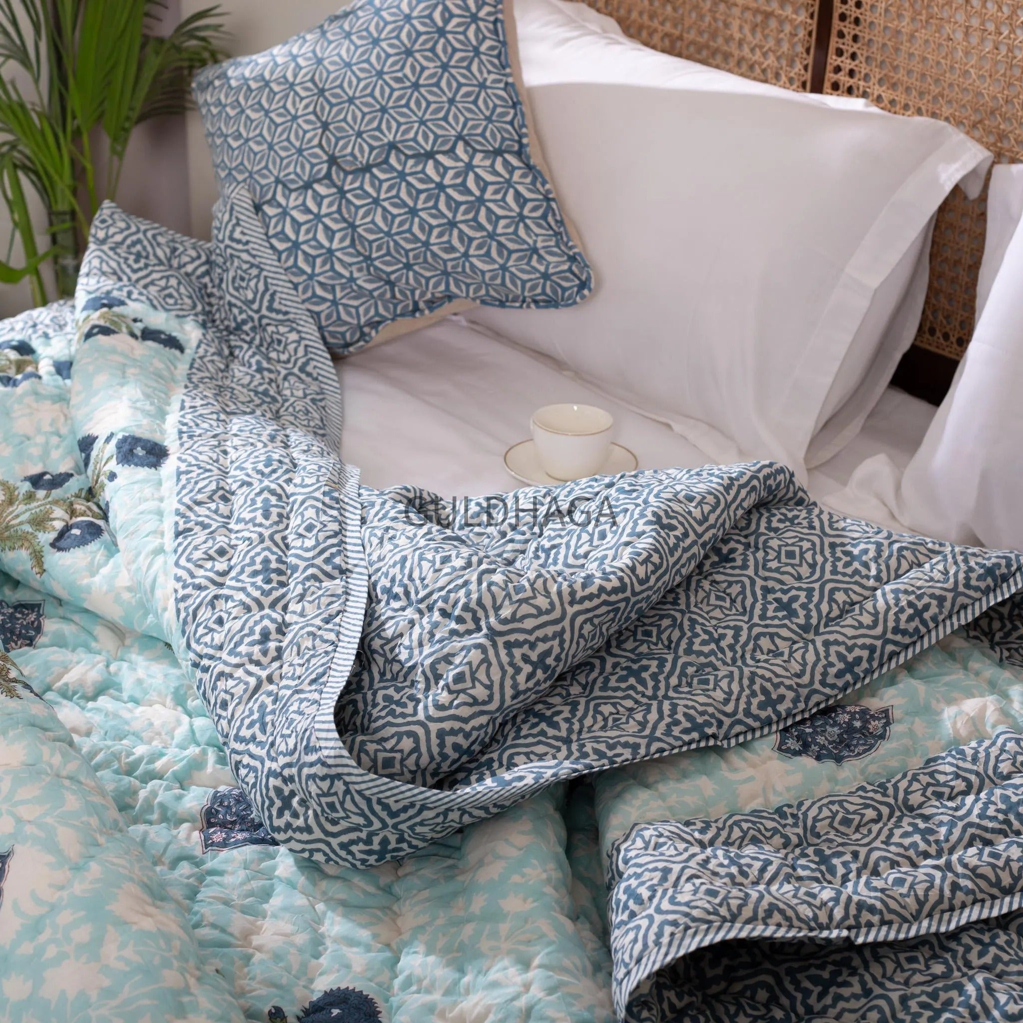 Seafoam and Deep Indigo Handmade Indian Cotton Quilt, Block Printed King Soft Quilt, Cotton Comforter, Boho Reversible quilt, couch Coverlet