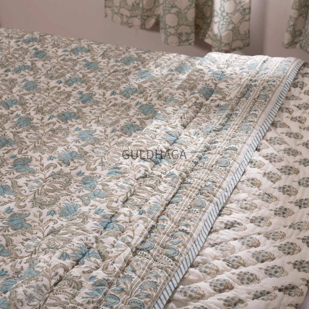 Hand Block Print Cotton Quilt, Blue and Sage Floral Indian Bedding, Reversible Bedspread, Queen comforter, All season quilt, Anokhi quilt