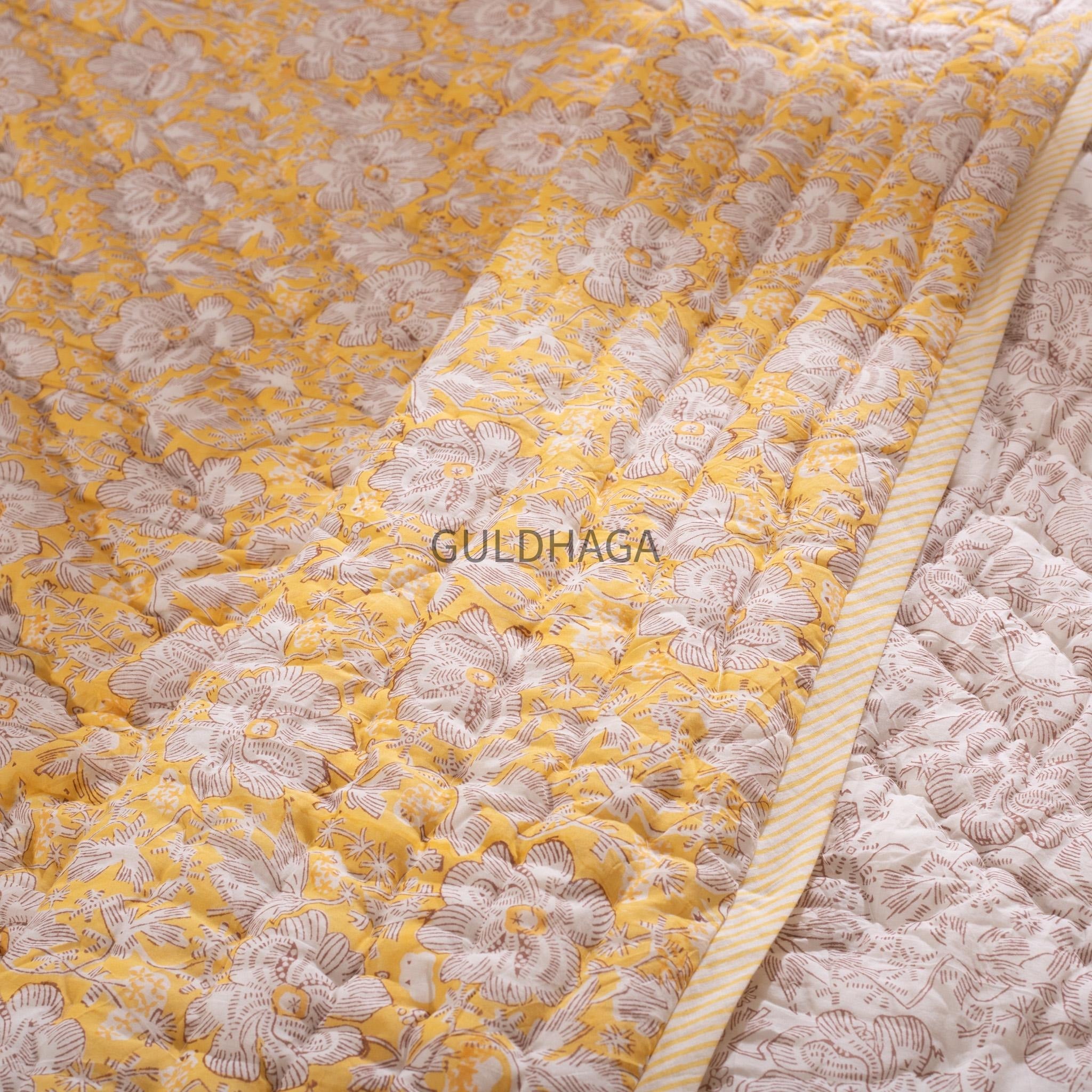 Summer Block Print Cotton Quilt, Boho Floral Cotton Bedding, Handmade Indian bedspread, Reversible throw for Twin bedroom, All season quilt