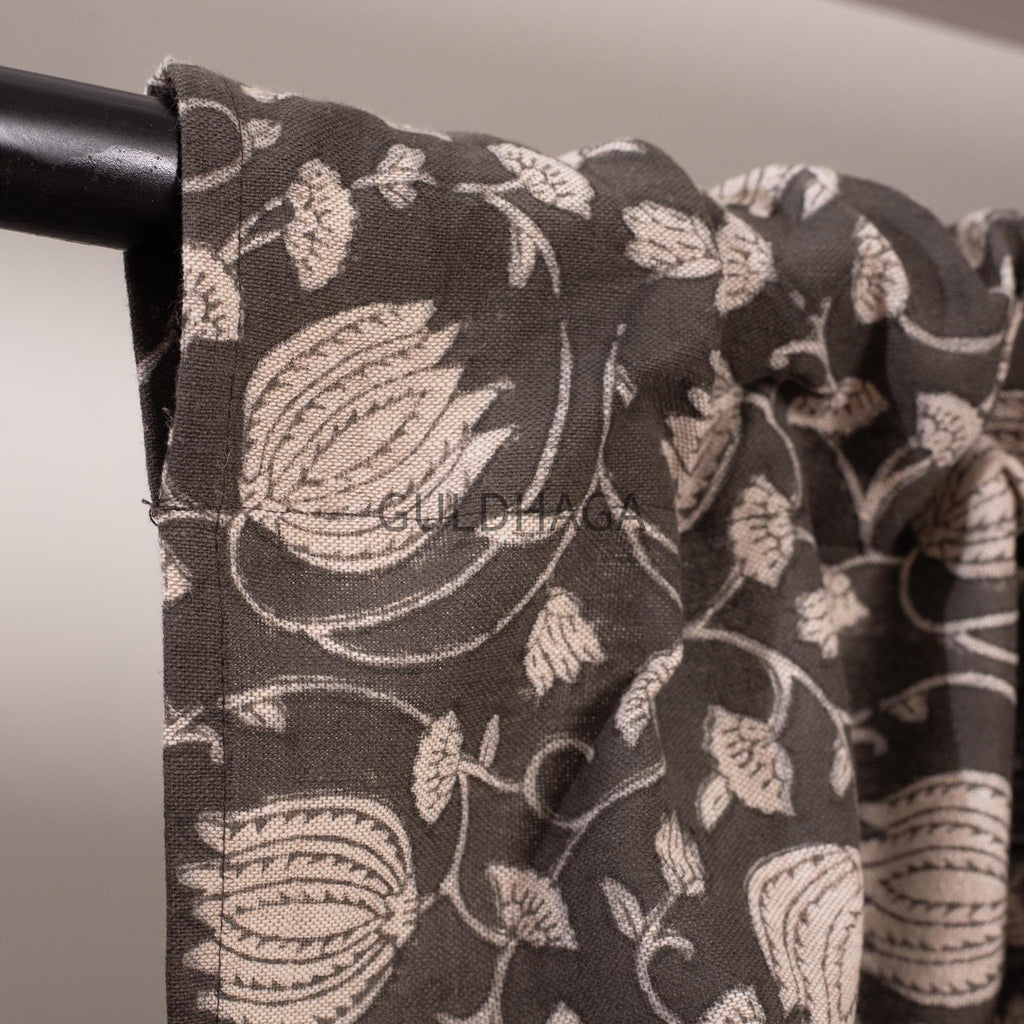 lotus charcoal gray cotton Curtain, Hand block printed Semi Blackout Bedroom Curtain, window treatment for living room, rod pocket curtains