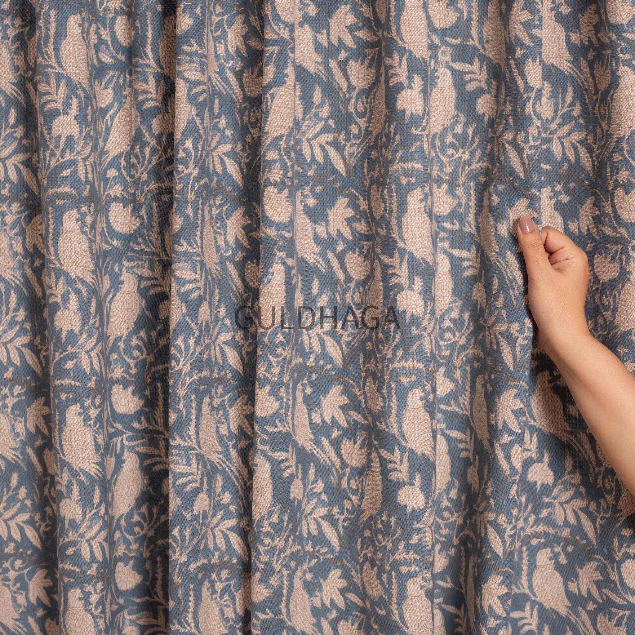 Blue bird Block Printed Indian Block Print Cotton Curtain: Floral Sheer Bedroom Panel, Farmhouse curtain
