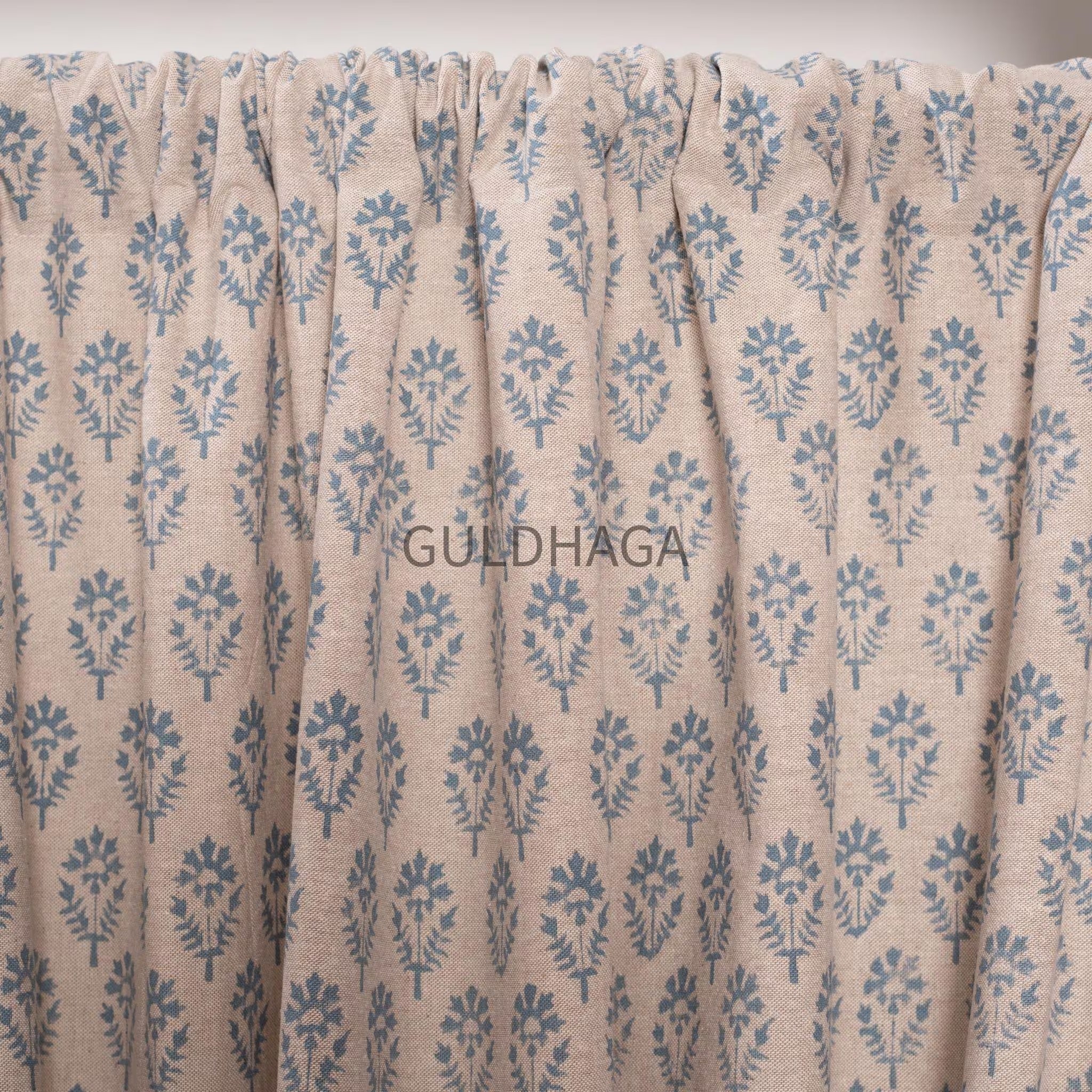 blue Hand Block Print Cotton chambray Curtains, Floral Drapes for bedroom and living room