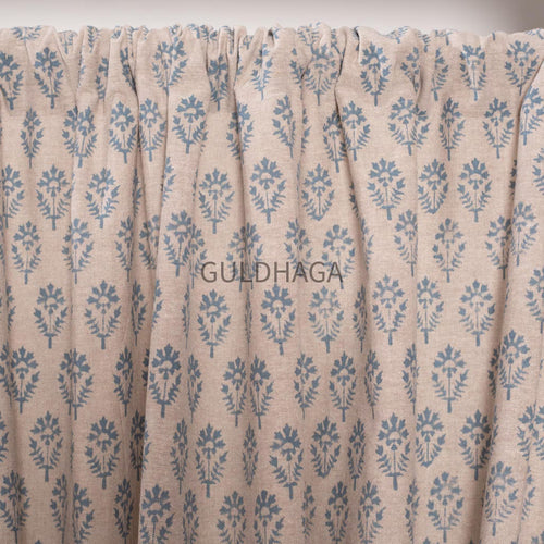 blue Hand Block Print Cotton chambray Curtains, Floral Drapes for bedroom and living room