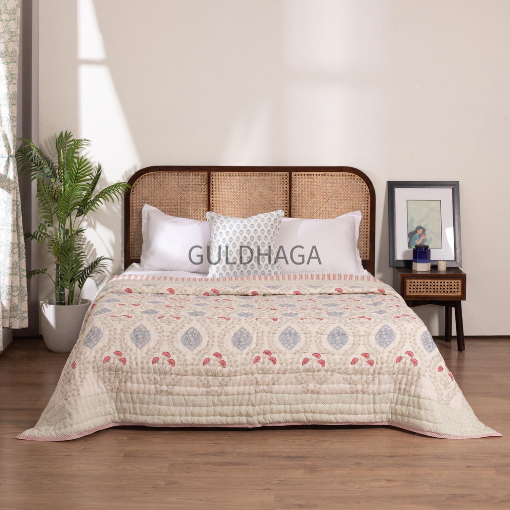 Ivory with blue floral block printed quilt, cotton comforter for couch, queen size reversible bedspread, boho bedding, cotton coverlet