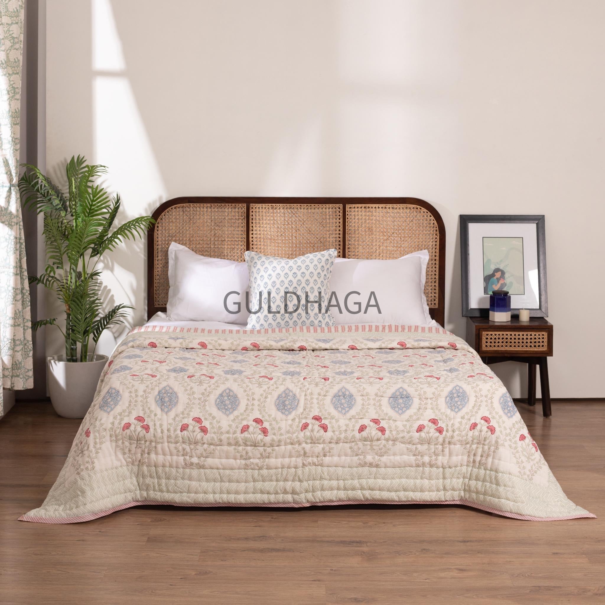 Ivory with blue floral block printed quilt, cotton comforter for couch, queen size reversible bedspread, boho bedding, cotton coverlet