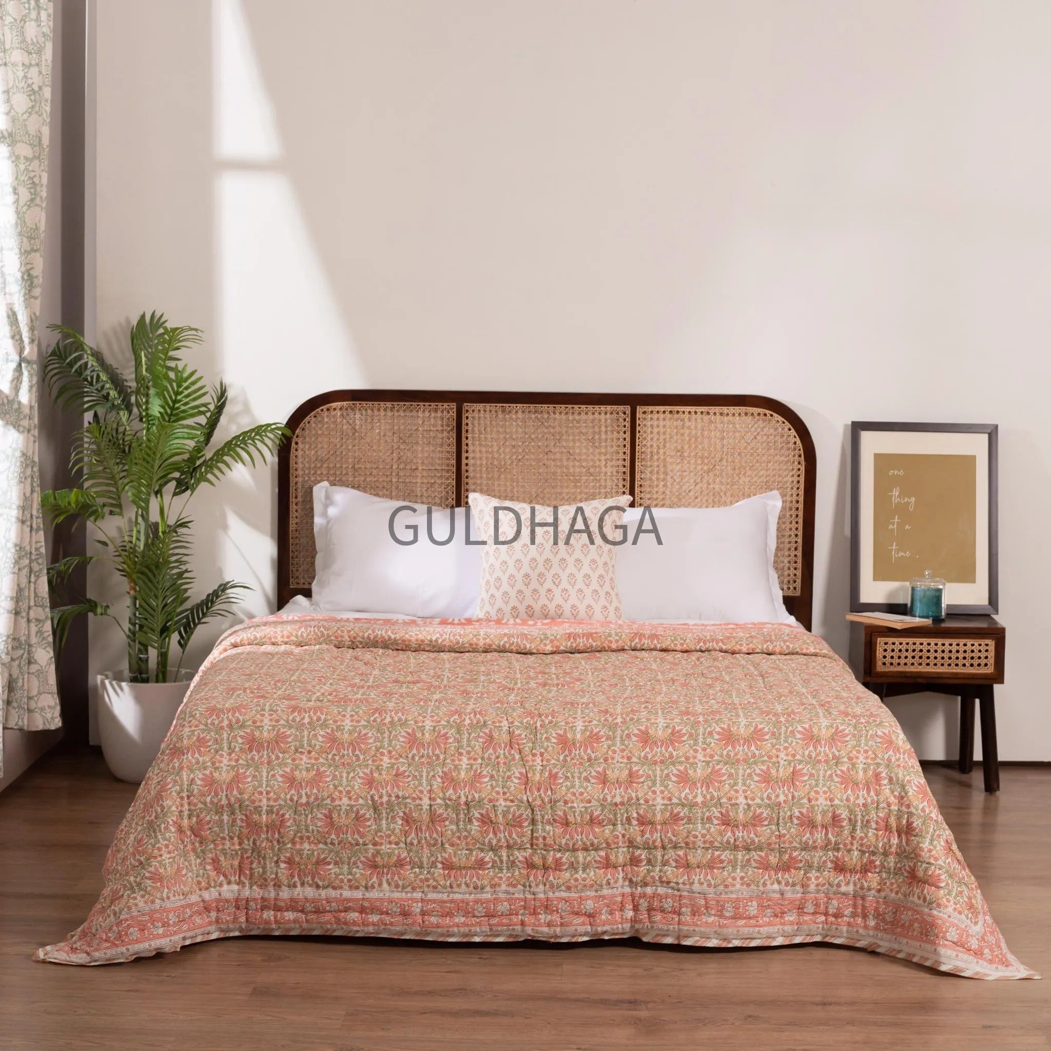 Coral Summer Block Print Cotton Quilt, Boho Cotton Bedding, Handmade Indian bedspread, Reversible throw for Twin bedroom, All season quilt