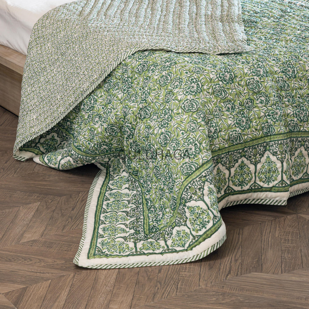 Green Summer Block Print Cotton Quilt, Boho Cotton Bedding, Handmade Indian bedspread, Reversible throw for Twin bedroom, All season quilt