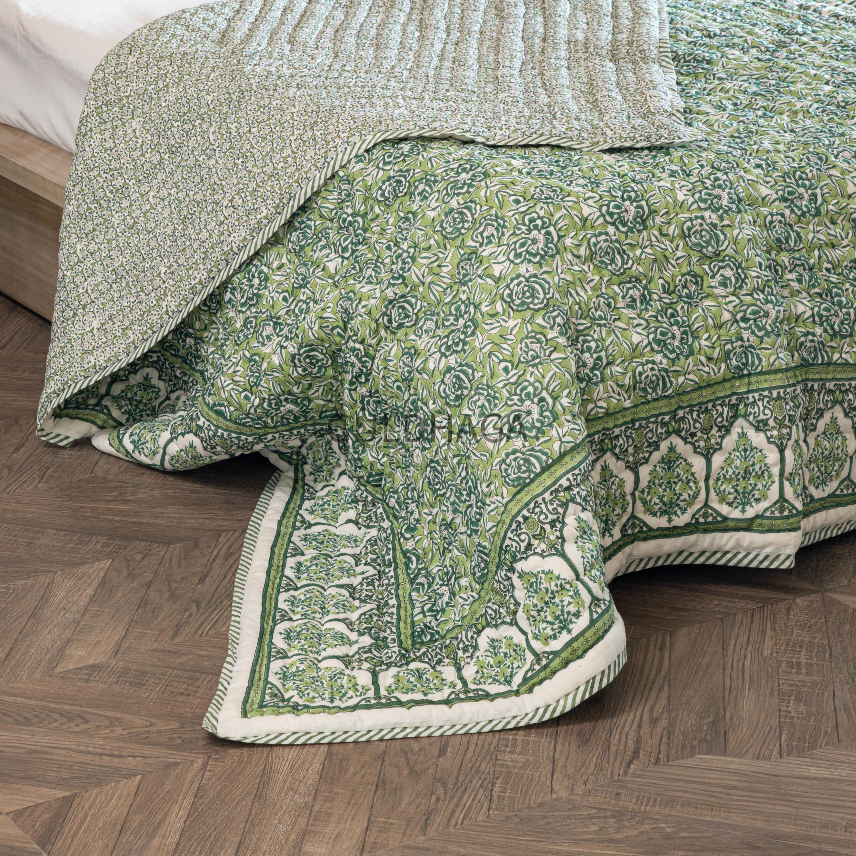Green Summer Block Print Cotton Quilt, Boho Cotton Bedding, Handmade Indian bedspread, Reversible throw for Twin bedroom, All season quilt