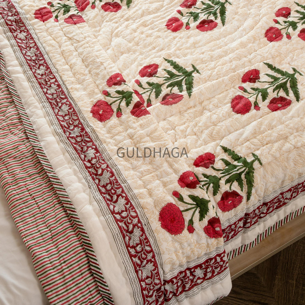 Flax Beige & Poppy Red Handmade Indian Cotton Quilt, Block Printed King Soft Quilt, Cotton Comforter, Boho Reversible quilt, couch Coverlet