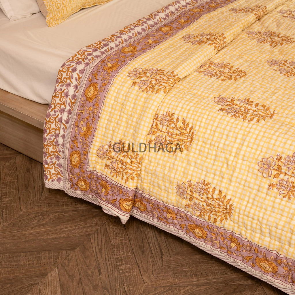 Sunlit Yellow & Lavender Hand Block Print Cotton Quilt, Floral Indian Bedding, Reversible coverlet, All season quilt, Anokhi quilt