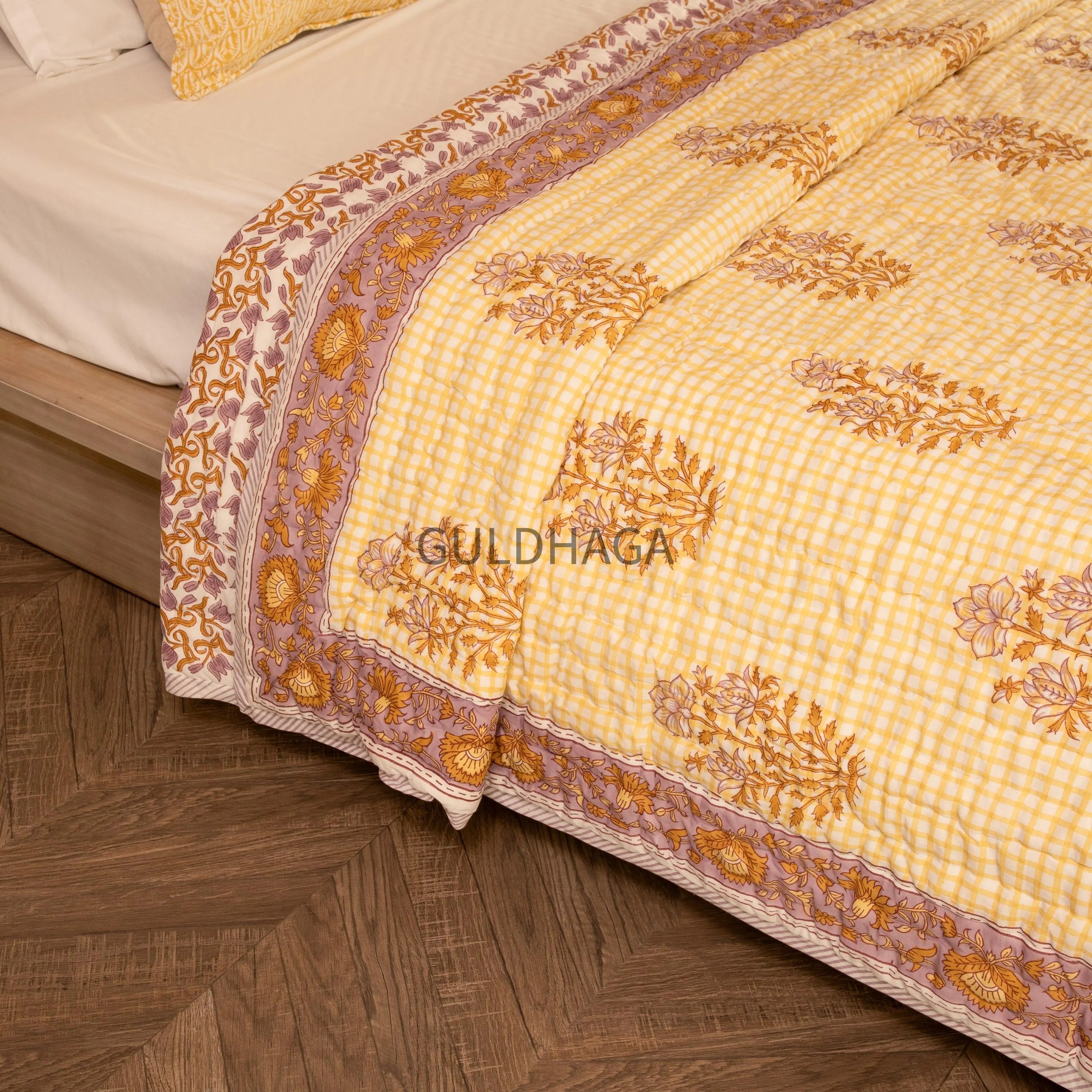 Sunlit Yellow & Lavender Hand Block Print Cotton Quilt, Floral Indian Bedding, Reversible coverlet, All season quilt, Anokhi quilt