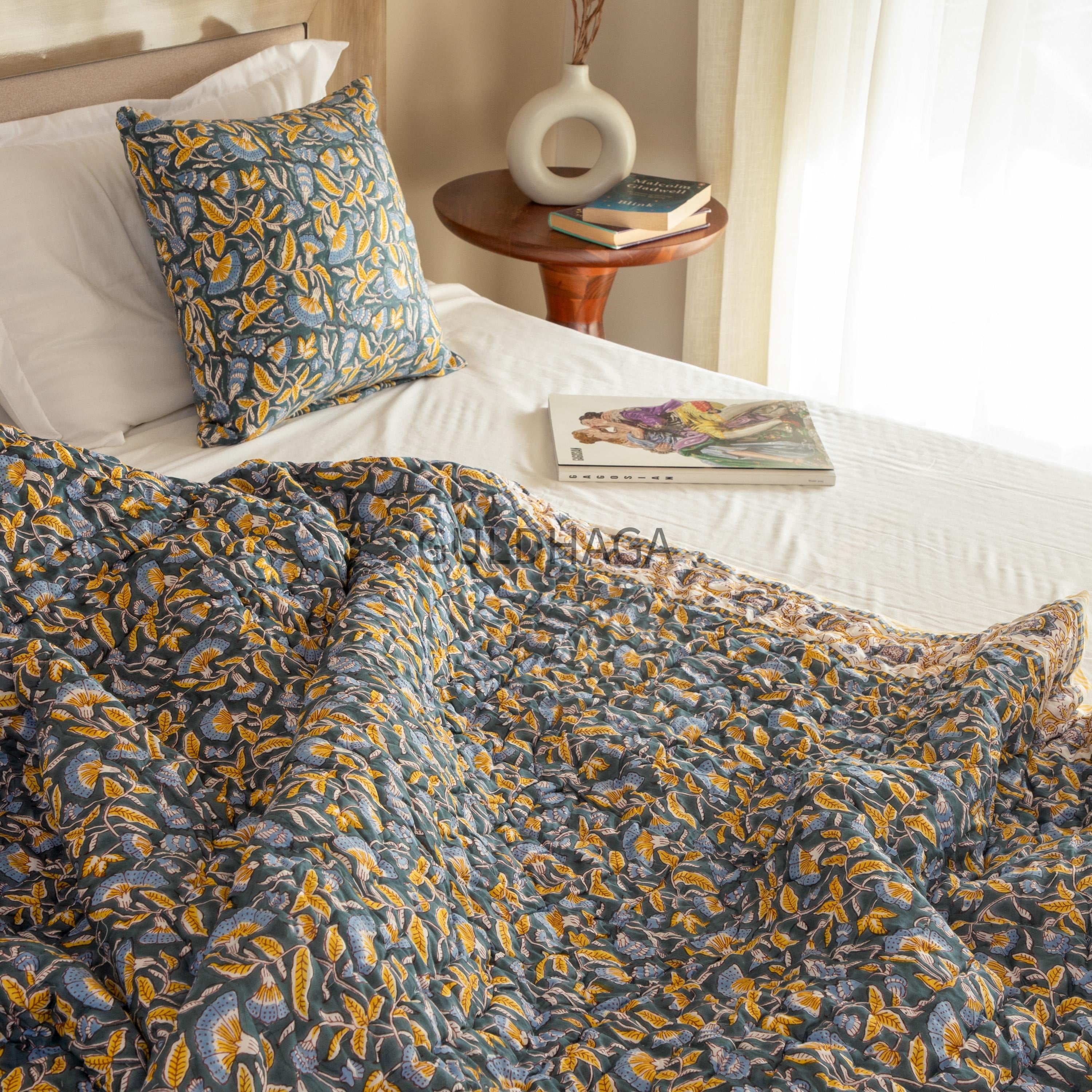 Golden Daisy Meadow Block Printed 100% Pure Cotton Cloth Quilted Throw Blanket Cover for Couch and Bed Lap Bedding Coverlet Oversized Quilt