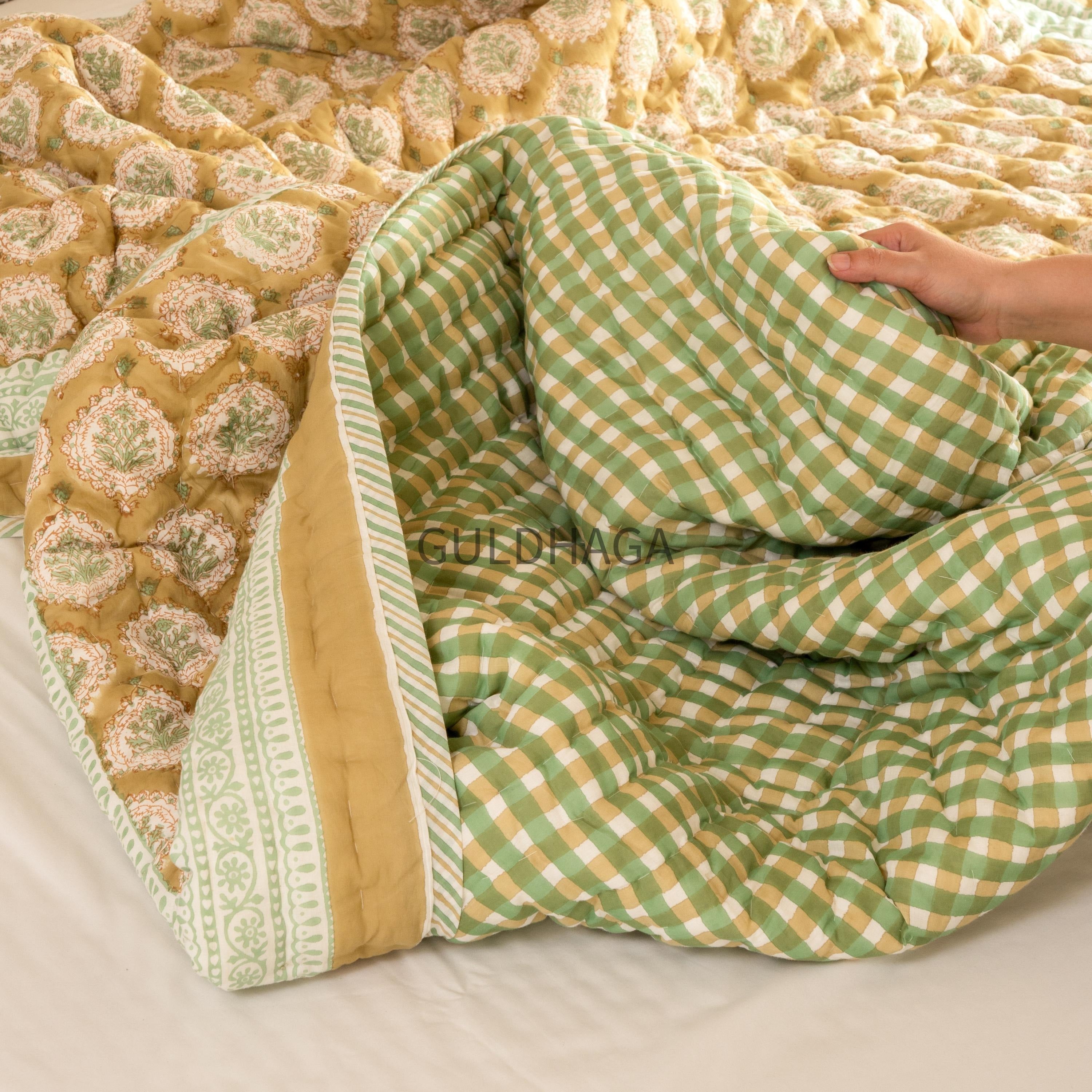 Sage Gingham & Honey Hand Block Print Cotton Quilt, Floral Indian Bedding, Reversible coverlet, king comforter, All season quilt, Anokhi qui