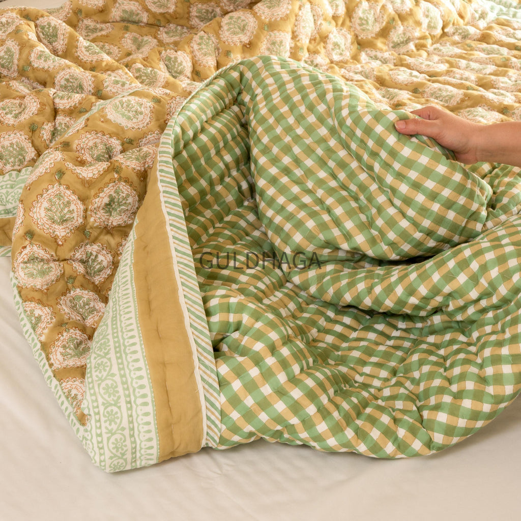 Sage Gingham & Honey Hand Block Print Cotton Quilt, Floral Indian Bedding, Reversible coverlet, king comforter, All season quilt, Anokhi qui