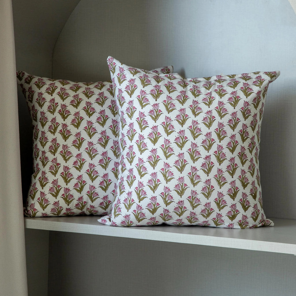Blush Bloom Hand Block Print Cushion Cover, Indian Floral Pillow Cover | Block Printed Pillow Cover | Decorative Pillow | 20 x 20 | 16 x 26