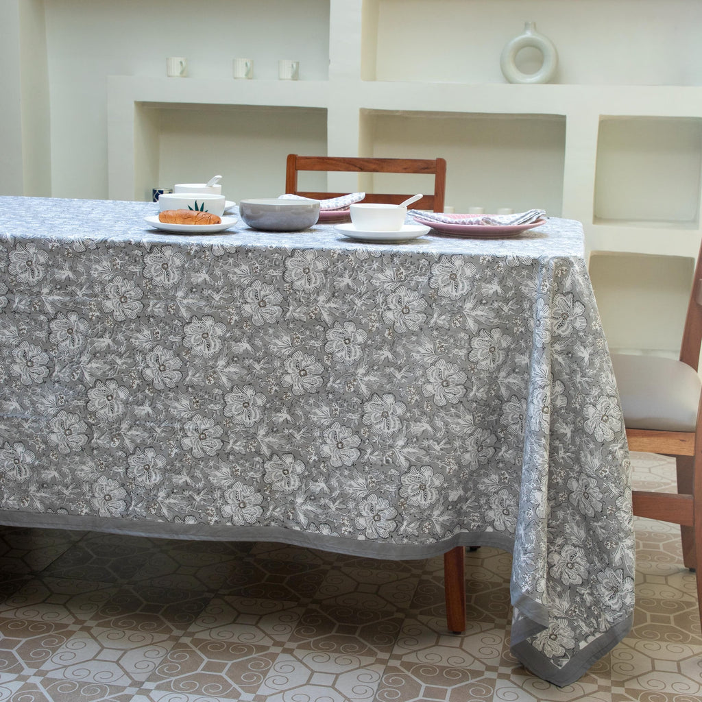 Grey Floral Block Print Tablecloth, Floral Cotton Table Cover, Table Runner Napkins Gift For Housewarming, Cloth for sale