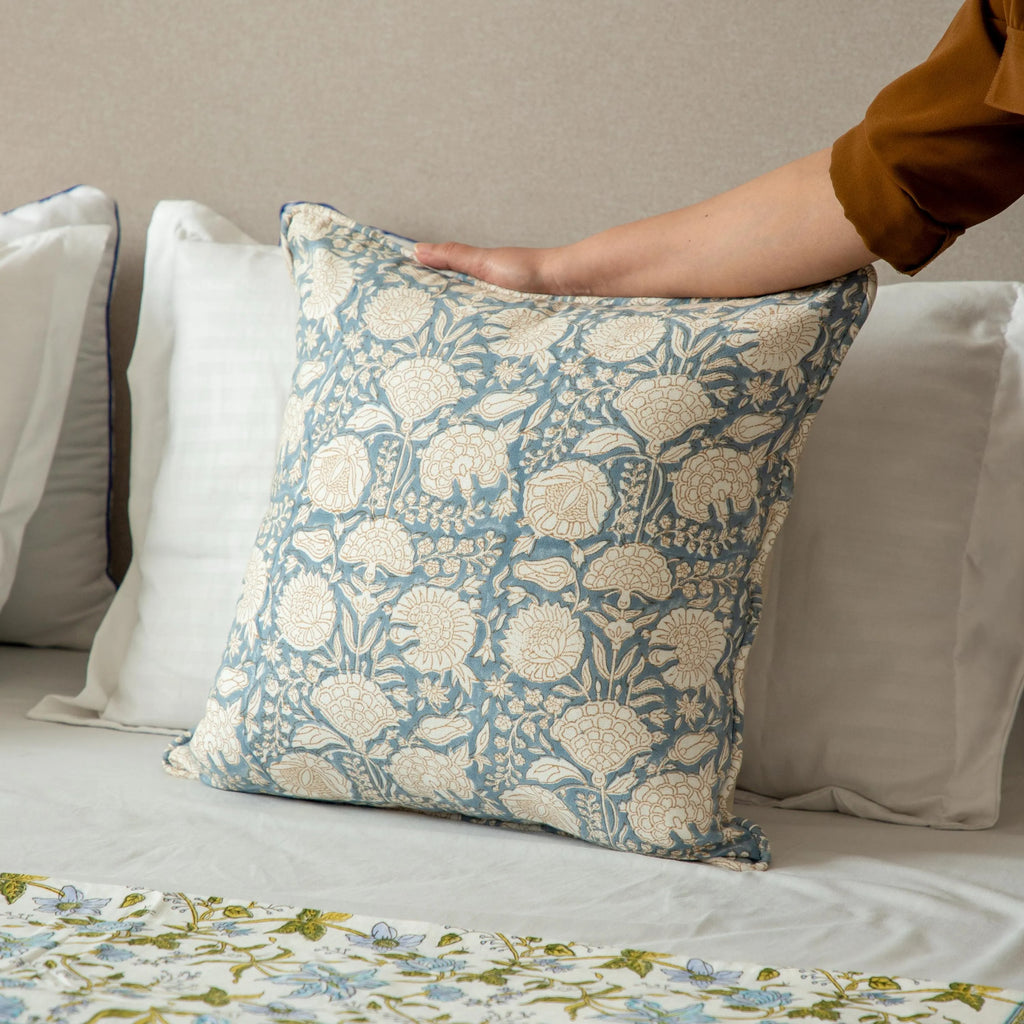 Floral Block Print Pillow Cover, Blue Terra Cotta Cotton, Boho Throw Pillow