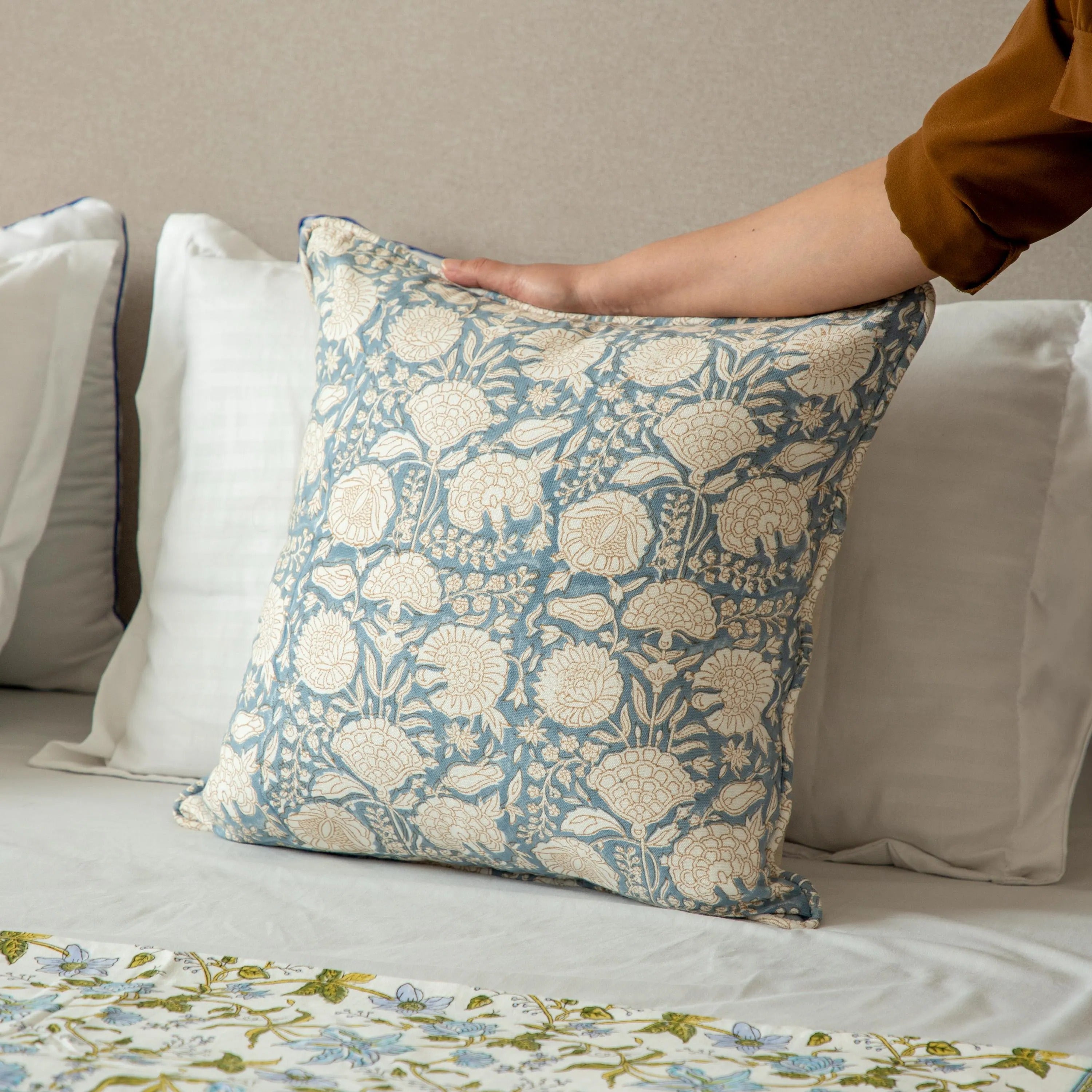 Floral Block Print Pillow Cover, Blue Terra Cotta Cotton, Boho Throw Pillow