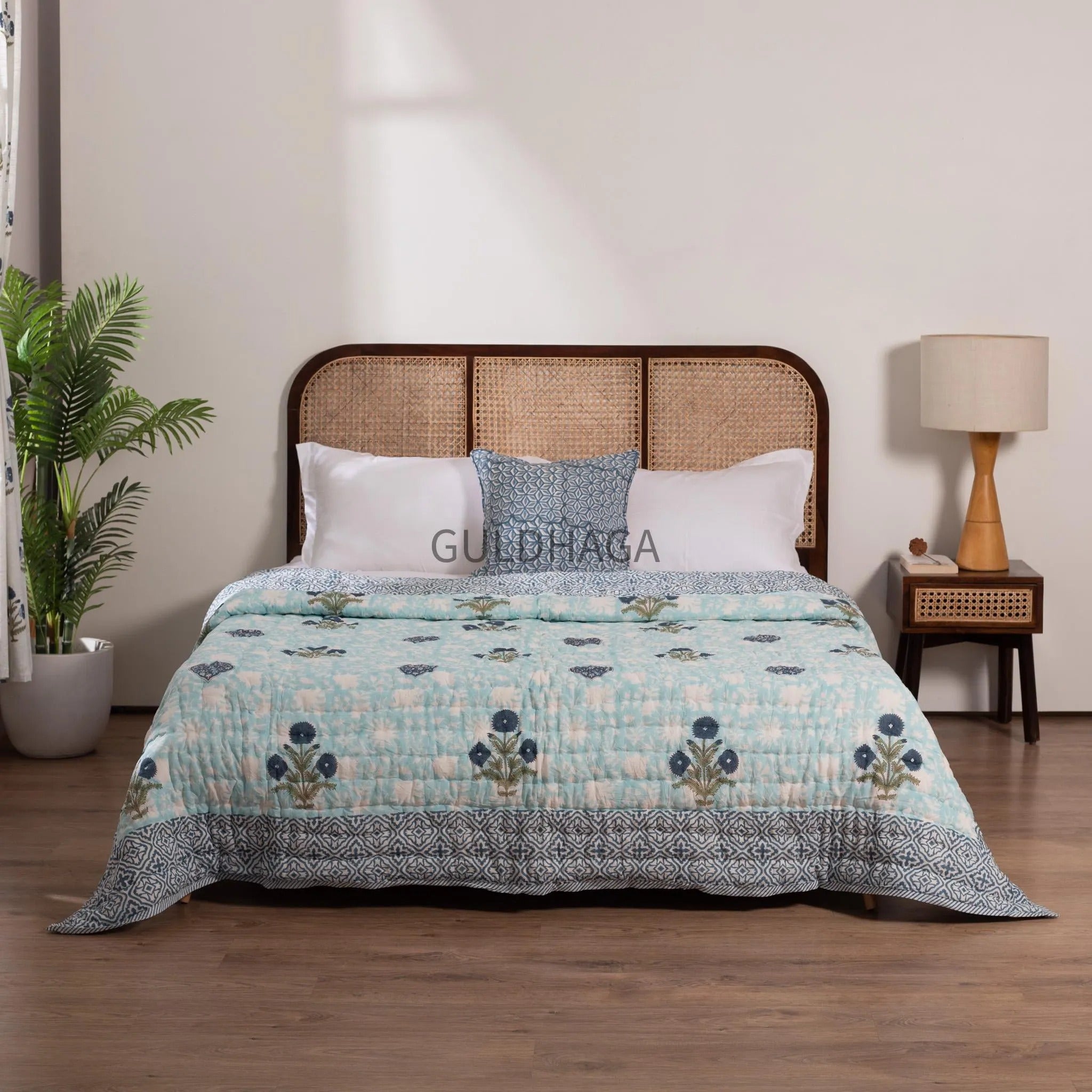 Seafoam and Deep Indigo Handmade Indian Cotton Quilt, Block Printed King Soft Quilt, Cotton Comforter, Boho Reversible quilt, couch Coverlet