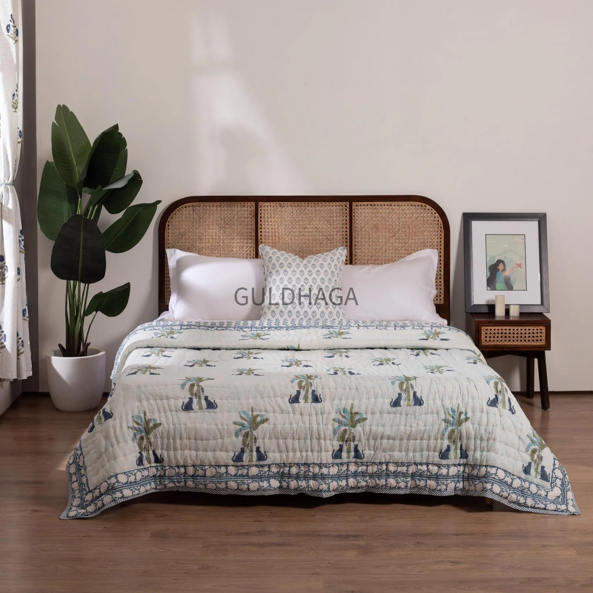 Blue palm and leopard Block Print Cotton Quilt, Floral Cotton Bedding, Handmade Indian Boho Quilt, Reversible Bedspread for Twin&Queen Beds