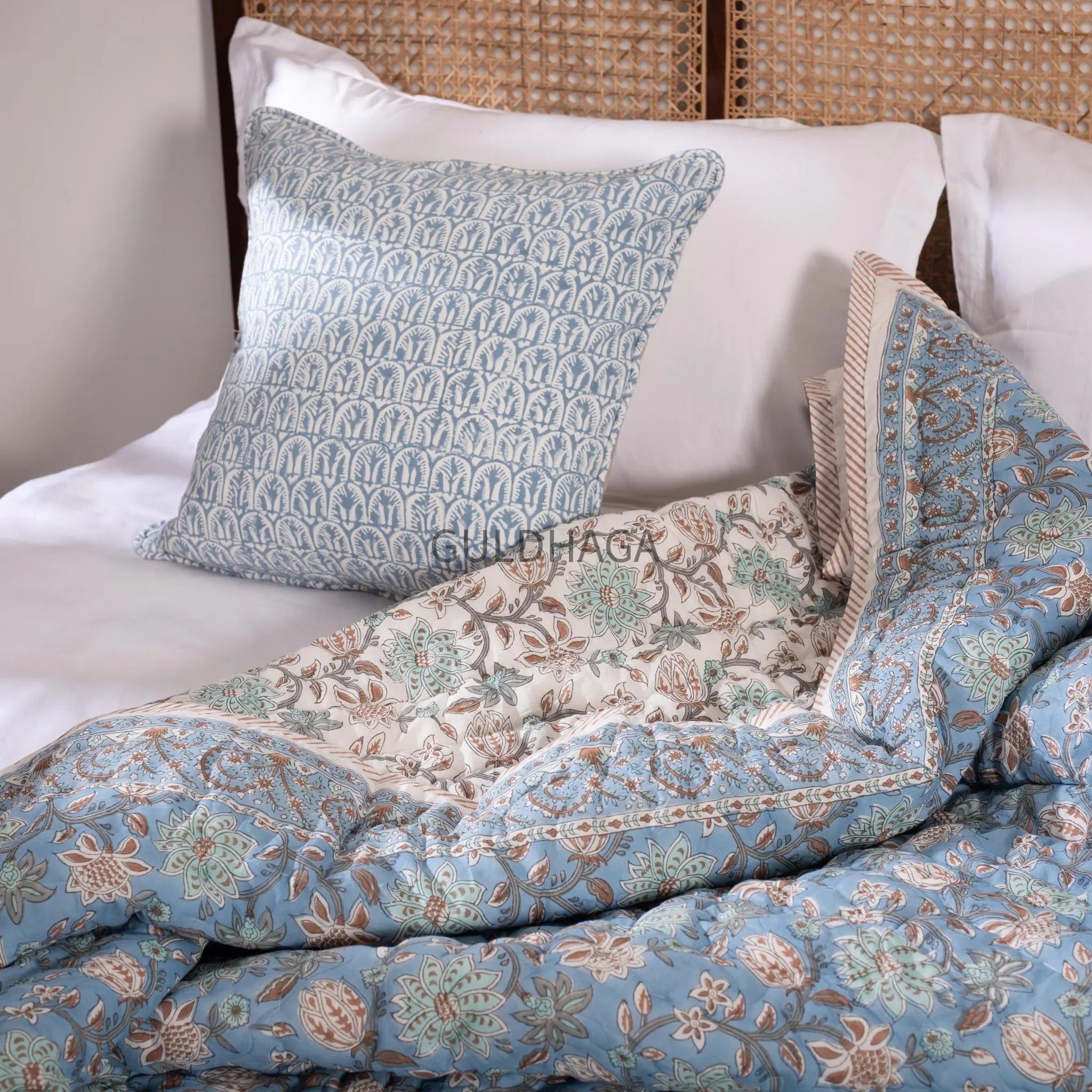Dusty powder Blue Cotton Quilt, Indian Hand Block Printed couch throw, Floral Printed Queen Comforter, Soft Summer Blanket, All Season Quilt