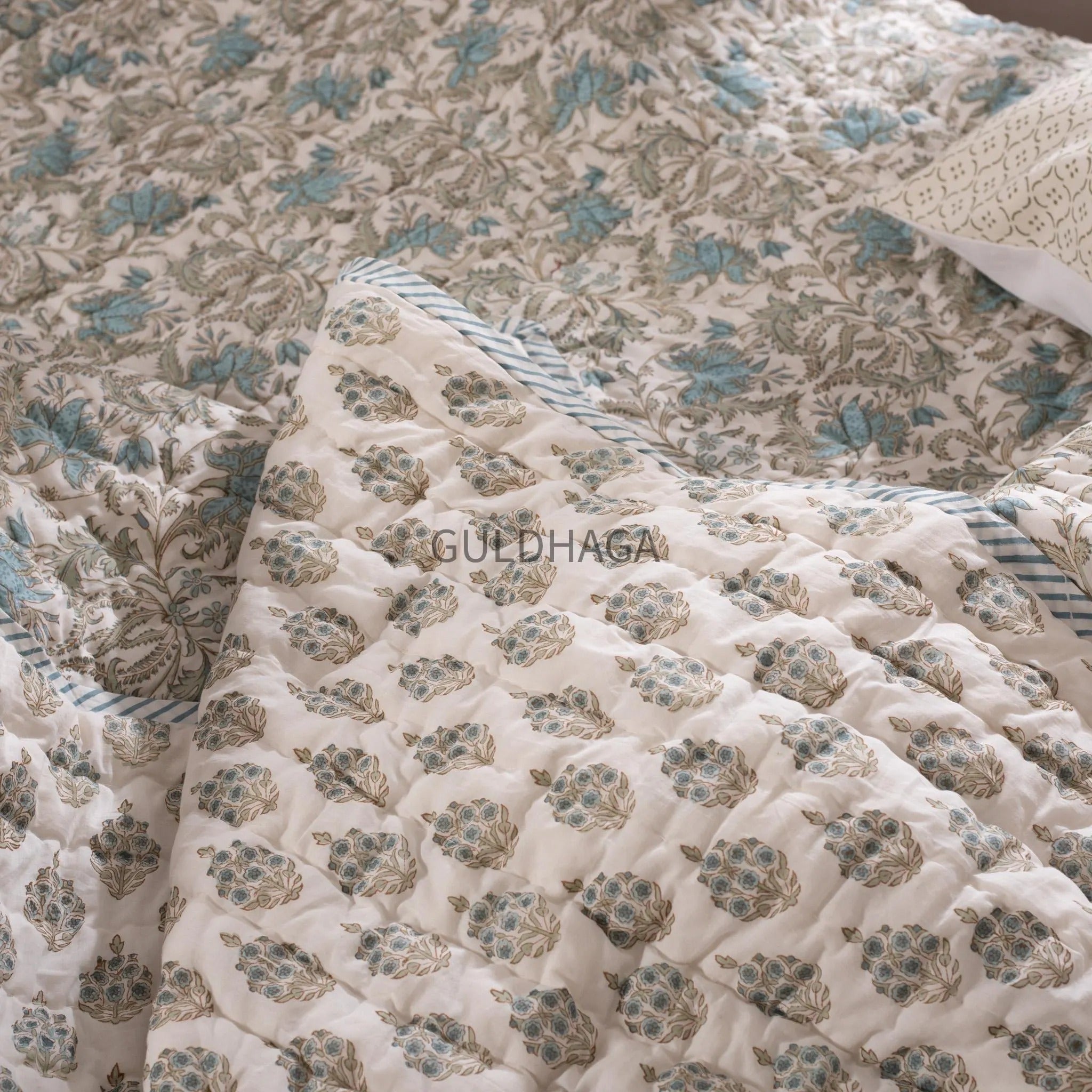 Hand Block Print Cotton Quilt, Blue and Sage Floral Indian Bedding, Reversible Bedspread, Queen comforter, All season quilt, Anokhi quilt