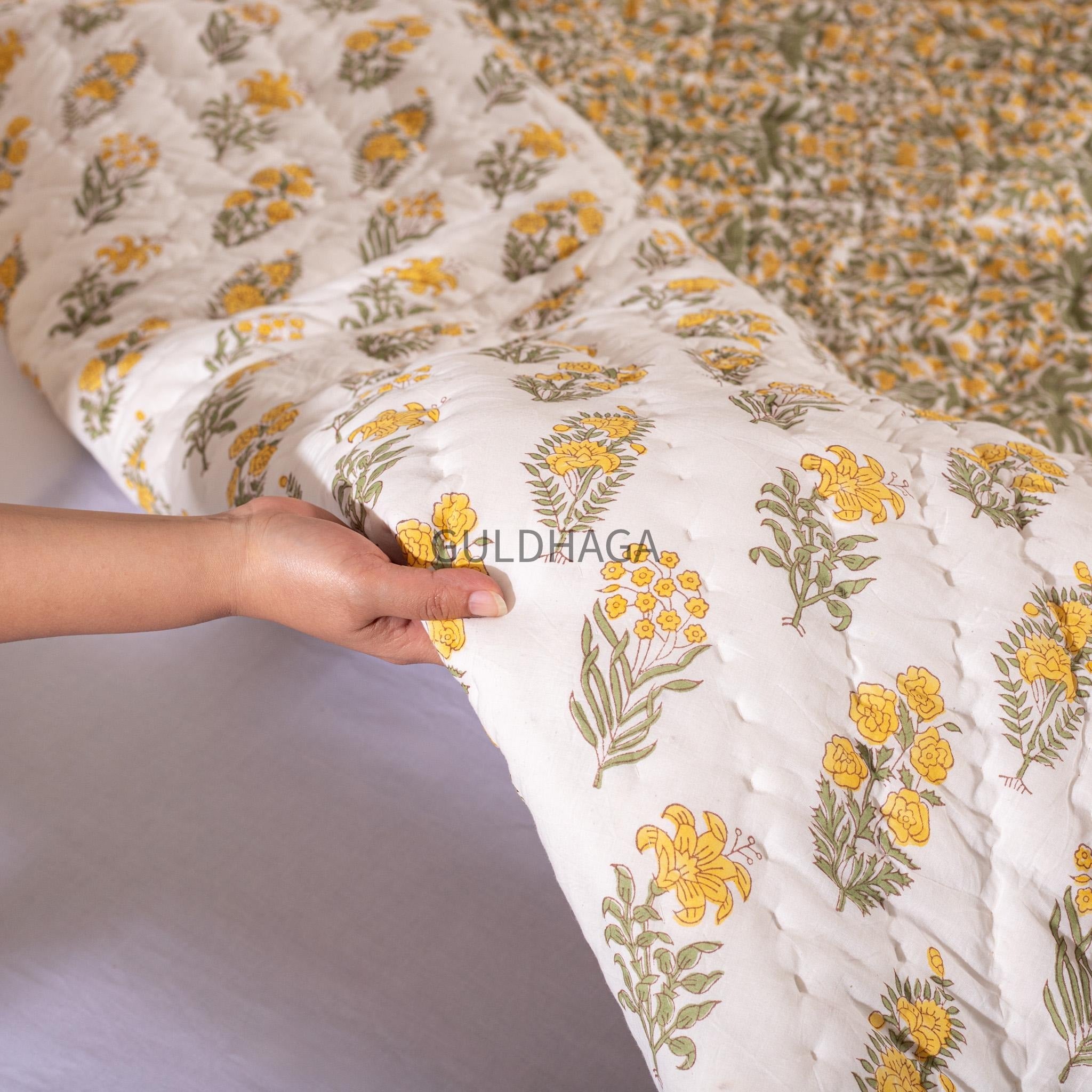 Ivory with mustard yellow olive green floral block printed quilt, cotton comforter for sale, queen size reversible bedspread, twin bedding