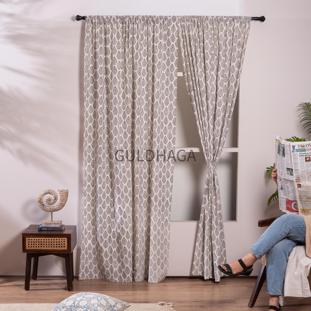Gray Hand Block Print Cotton chambray Curtains, Floral Drapes for bedroom and living room, farmhouse curtains, semi sheer drapes