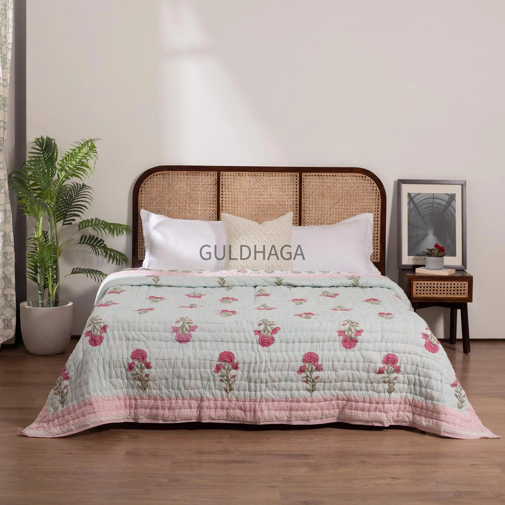 Dusty Rose Block Print Cotton Quilt, Floral Cotton Bedding, Handmade Boho throw, Reversible Bedspread for Twin quilt, housewarming gift