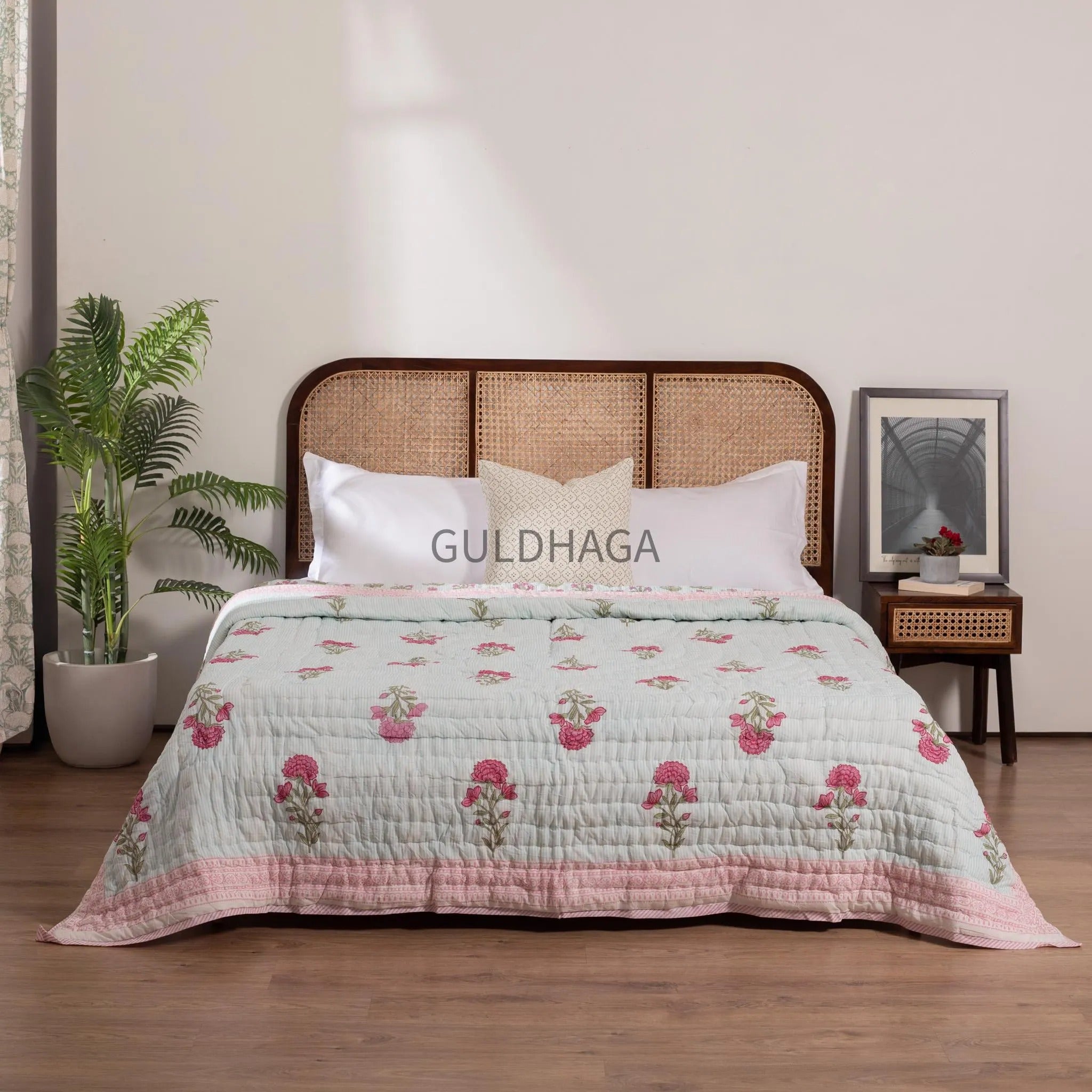 Dusty Rose Block Print Cotton Quilt, Floral Cotton Bedding, Handmade Boho throw, Reversible Bedspread for Twin quilt, housewarming gift