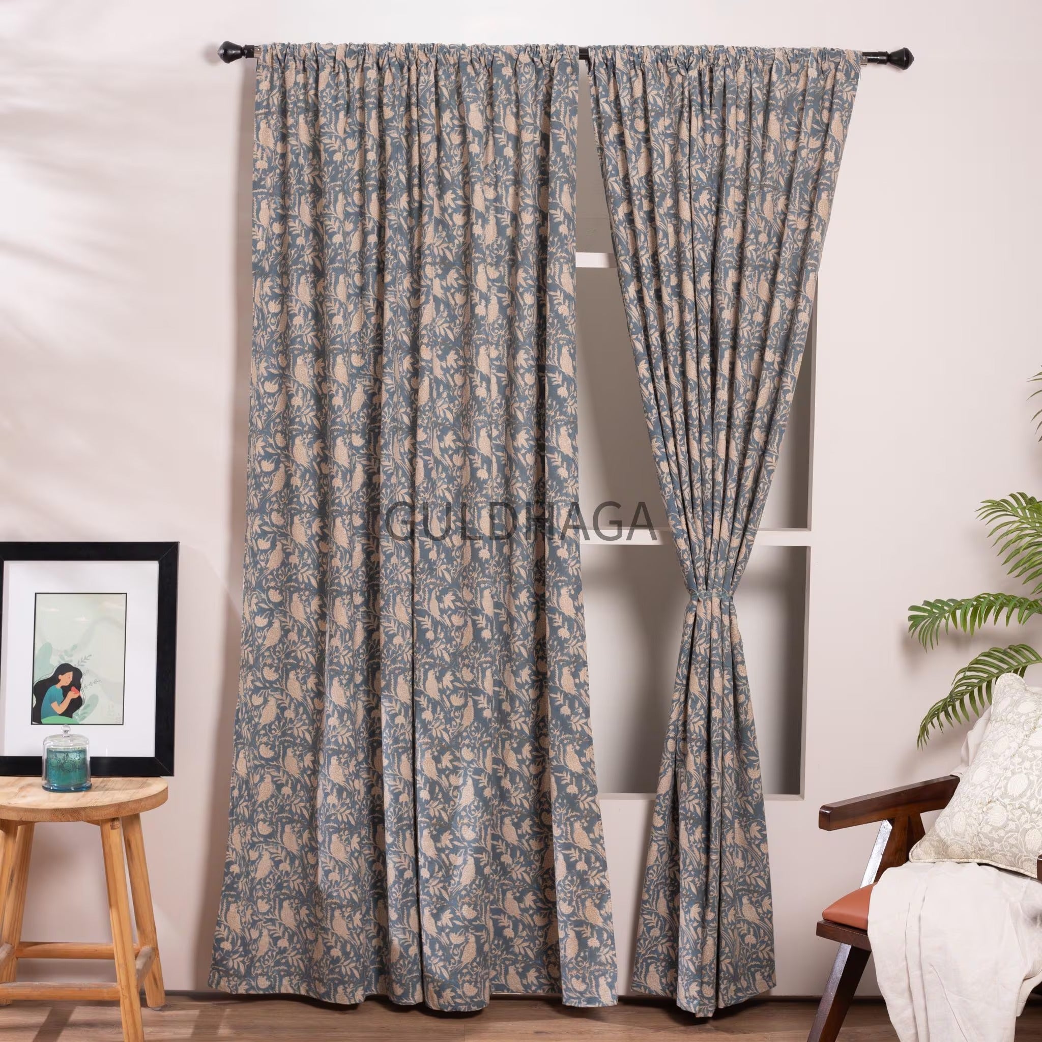 Blue bird Block Printed Indian Block Print Cotton Curtain: Floral Sheer Bedroom Panel, Farmhouse curtain