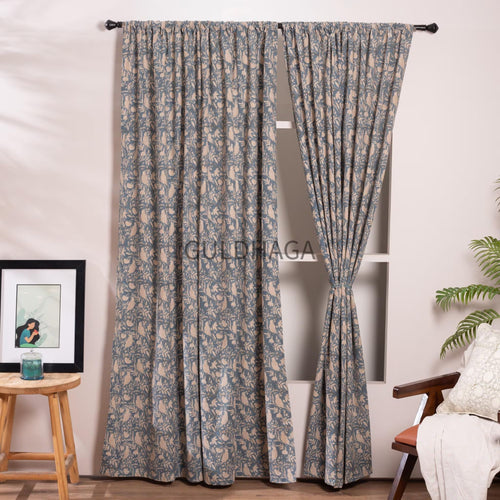 Blue bird Block Printed Indian Block Print Cotton Curtain: Floral Sheer Bedroom Panel, Farmhouse curtain