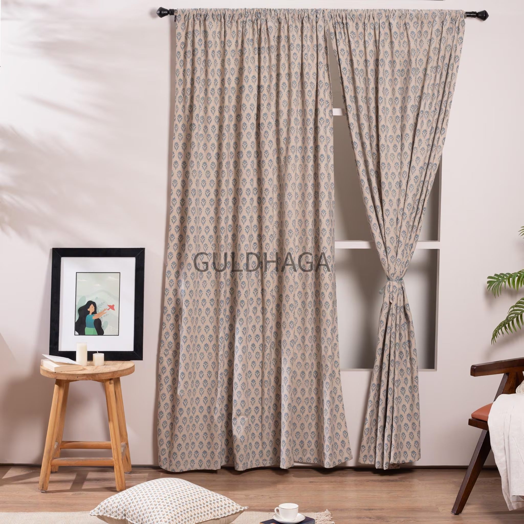 blue Hand Block Print Cotton chambray Curtains, Floral Drapes for bedroom and living room