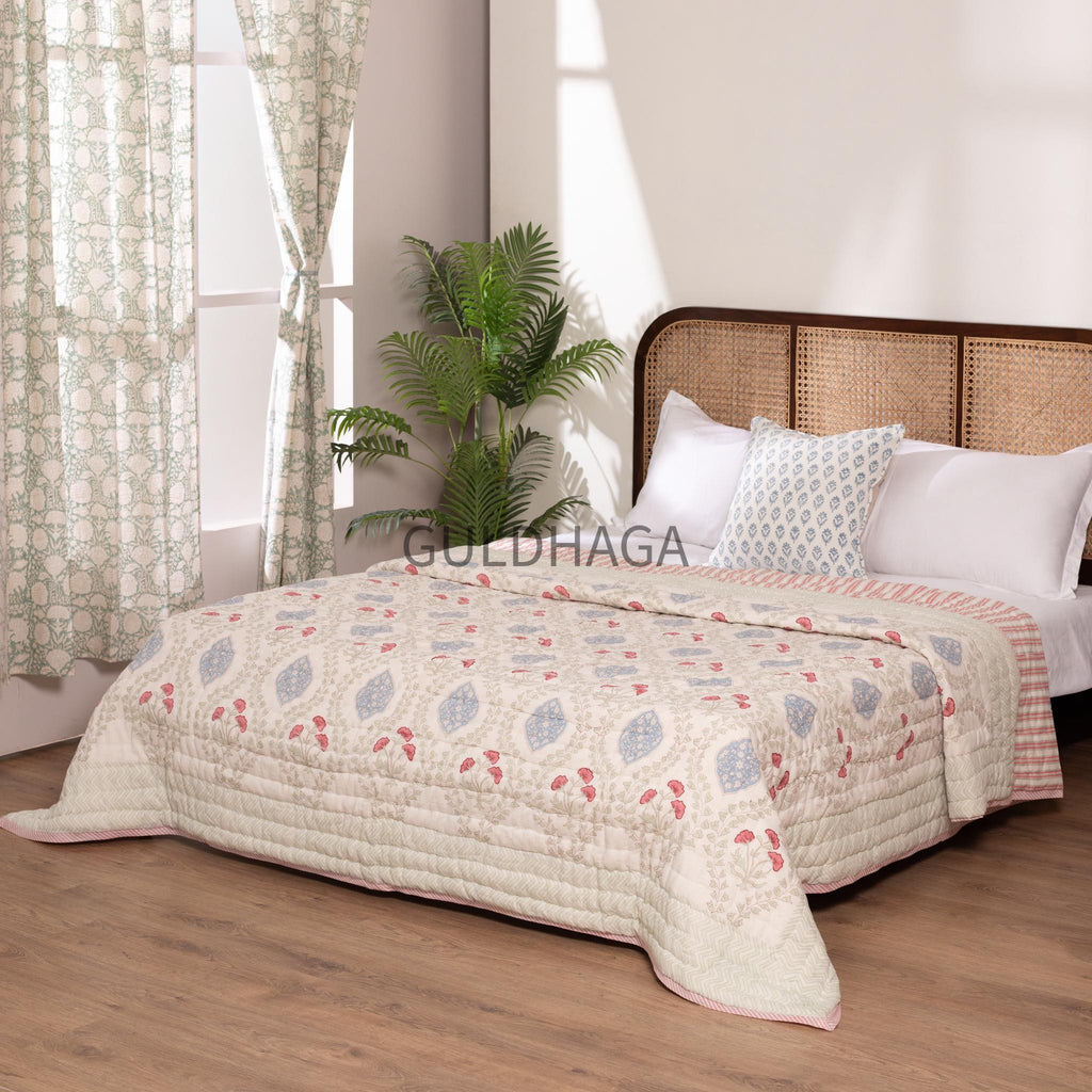 Ivory with blue floral block printed quilt, cotton comforter for couch, queen size reversible bedspread, boho bedding, cotton coverlet