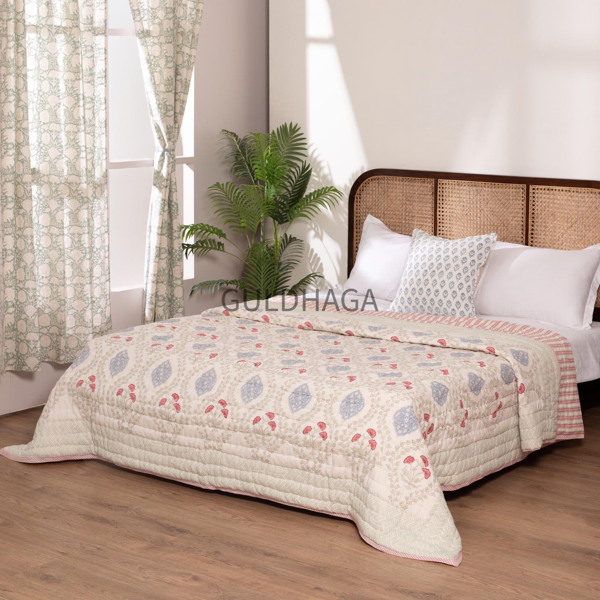 Ivory with blue floral block printed quilt, cotton comforter for couch, queen size reversible bedspread, boho bedding, cotton coverlet