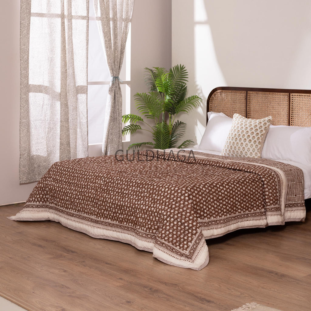 Brown Summer Block Print Cotton Quilt, Boho Cotton Bedding, Handmade Indian bedspread, Reversible throw for Twin bedroom, All season quilt