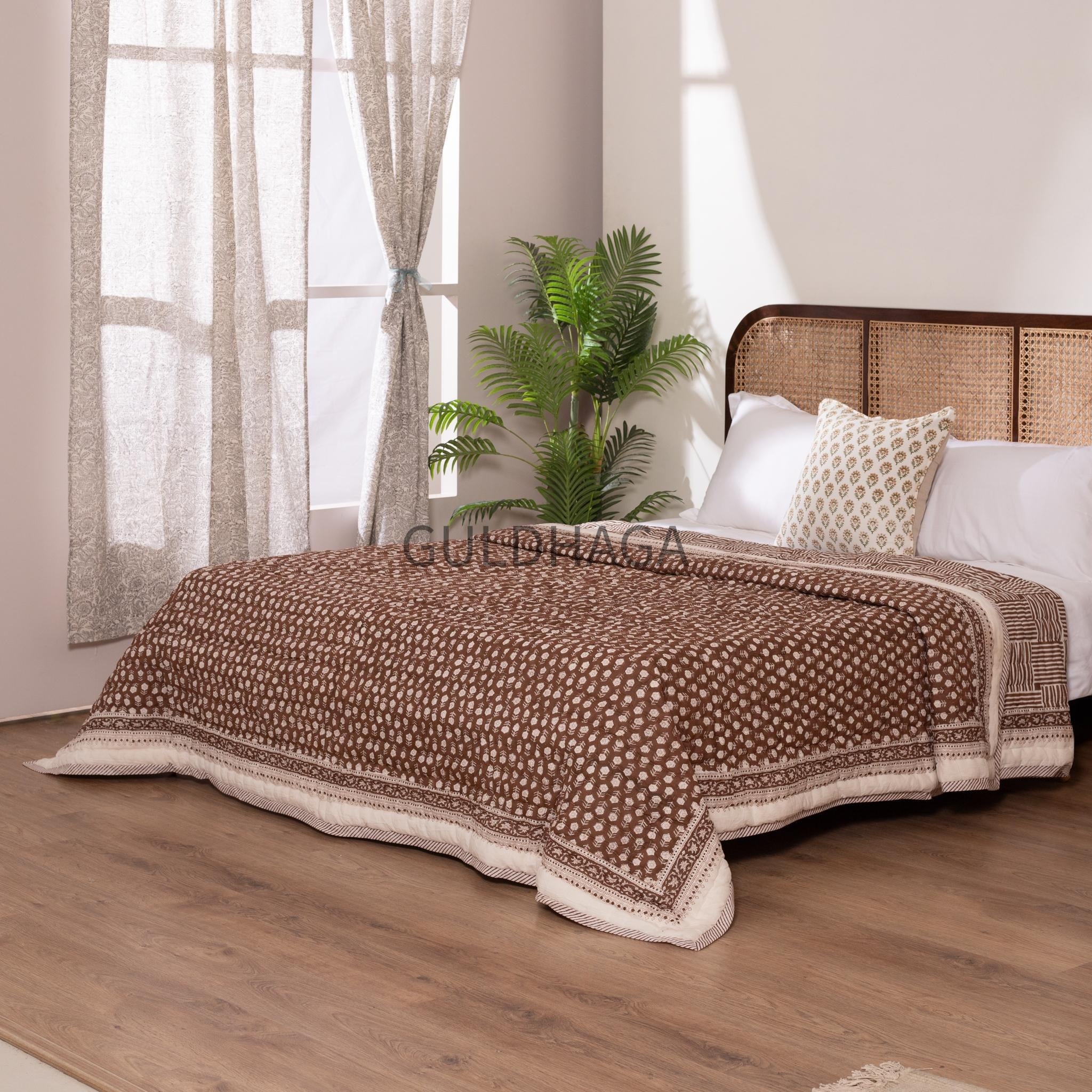 Brown Summer Block Print Cotton Quilt, Boho Cotton Bedding, Handmade Indian bedspread, Reversible throw for Twin bedroom, All season quilt