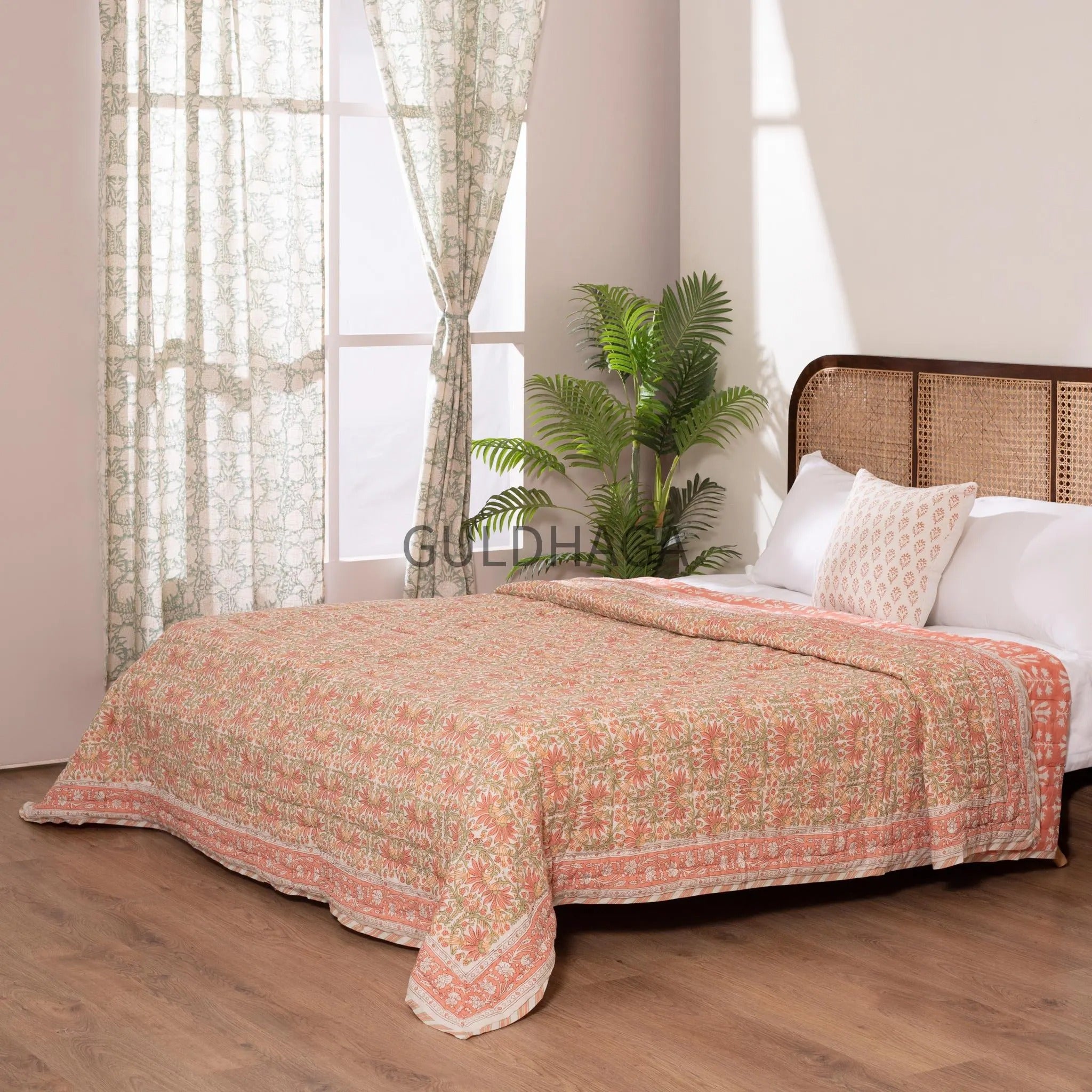 Coral Summer Block Print Cotton Quilt, Boho Cotton Bedding, Handmade Indian bedspread, Reversible throw for Twin bedroom, All season quilt