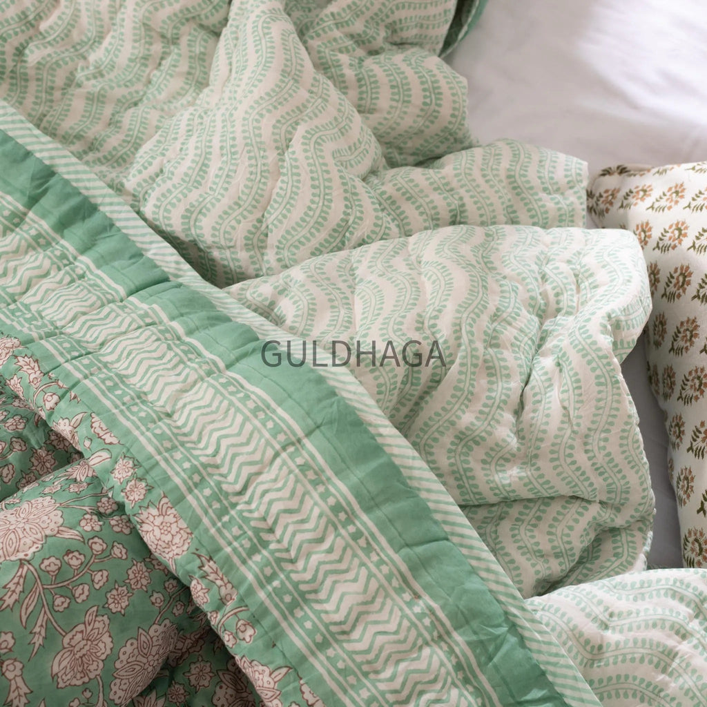 Green Summer Block Print Cotton Quilt, Boho Cotton Bedding, Handmade Indian bedspread, Reversible throw for Twin bedroom, All season quilt