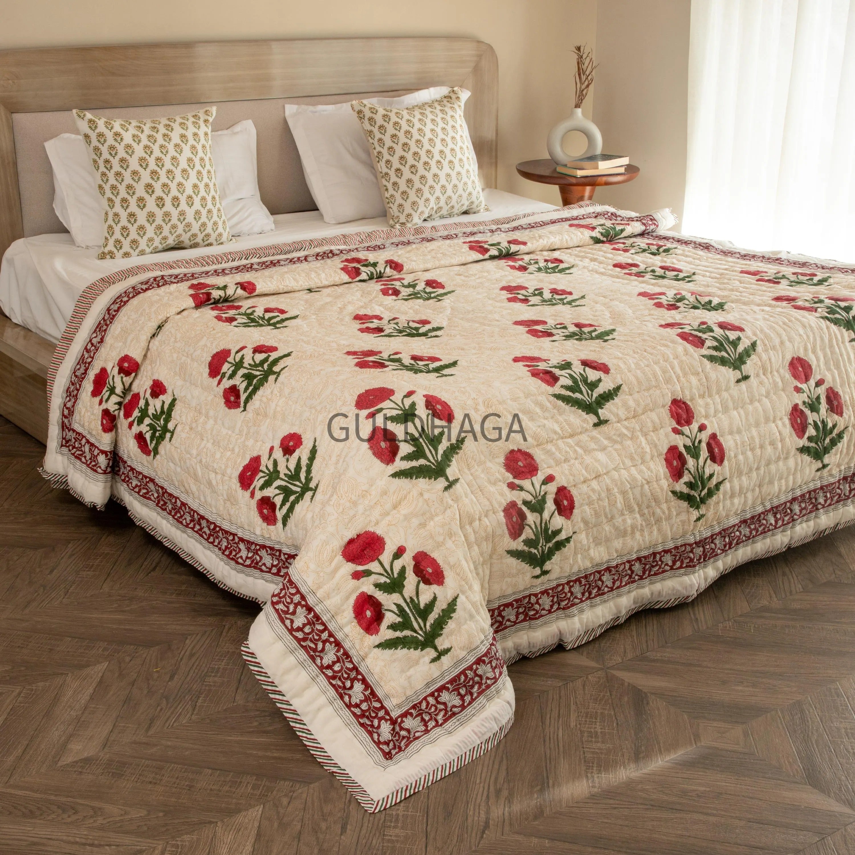 Flax Beige & Poppy Red Handmade Indian Cotton Quilt, Block Printed King Soft Quilt, Cotton Comforter, Boho Reversible quilt, couch Coverlet