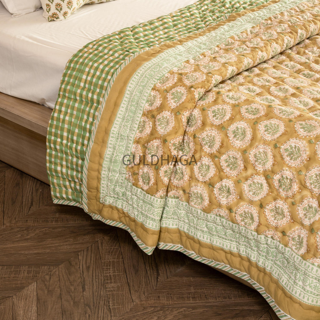Sage Gingham & Honey Hand Block Print Cotton Quilt, Floral Indian Bedding, Reversible coverlet, king comforter, All season quilt, Anokhi qui