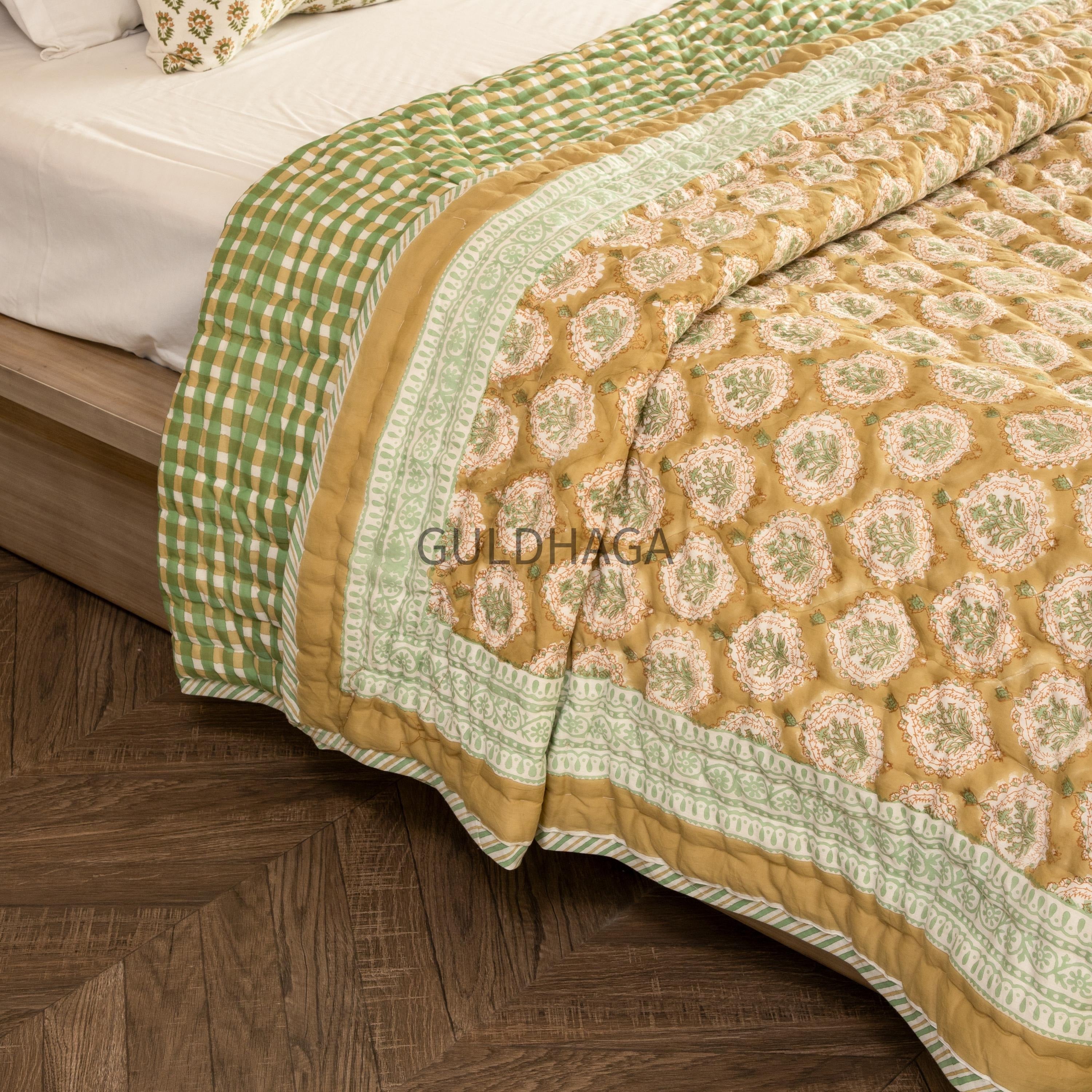 Sage Gingham & Honey Hand Block Print Cotton Quilt, Floral Indian Bedding, Reversible coverlet, king comforter, All season quilt, Anokhi qui