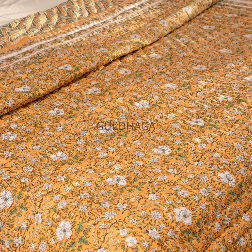 Golden Daisy Meadow Block Printed 100% Pure Cotton Cloth Quilted Throw Blanket Cover for Couch and Bed Lap Bedding Coverlet Oversized Quilt